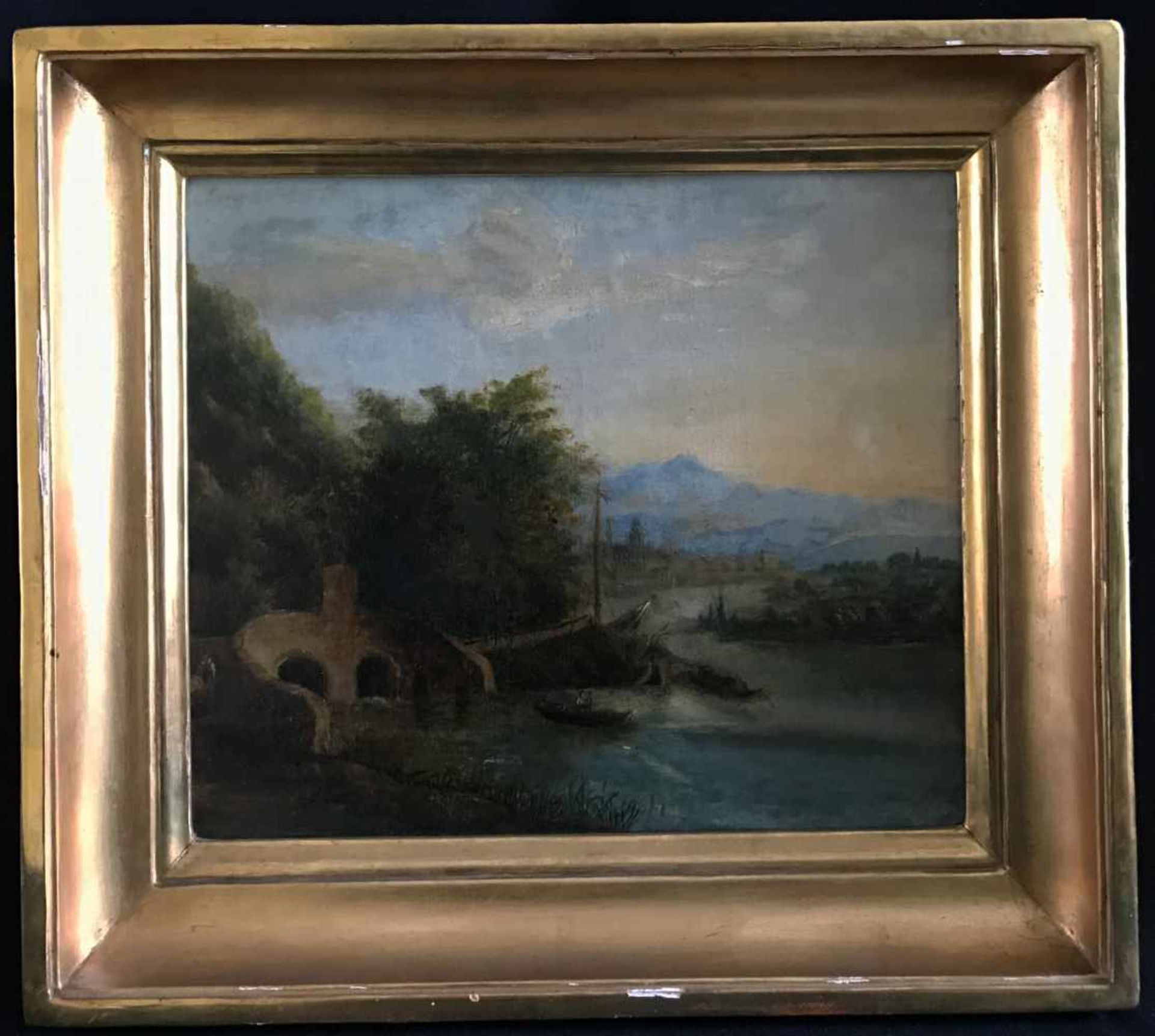 Unbekannter Künstler, 18./19. Jh., Landschaft mit Brücke, See und boot, im Hintergrund eine - Image 3 of 3