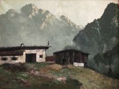 Georg ARNOLD-GRABONÉ (München 1886 - 1982 Starnberg), Landschaft mit Almhütte in den Bergen, im