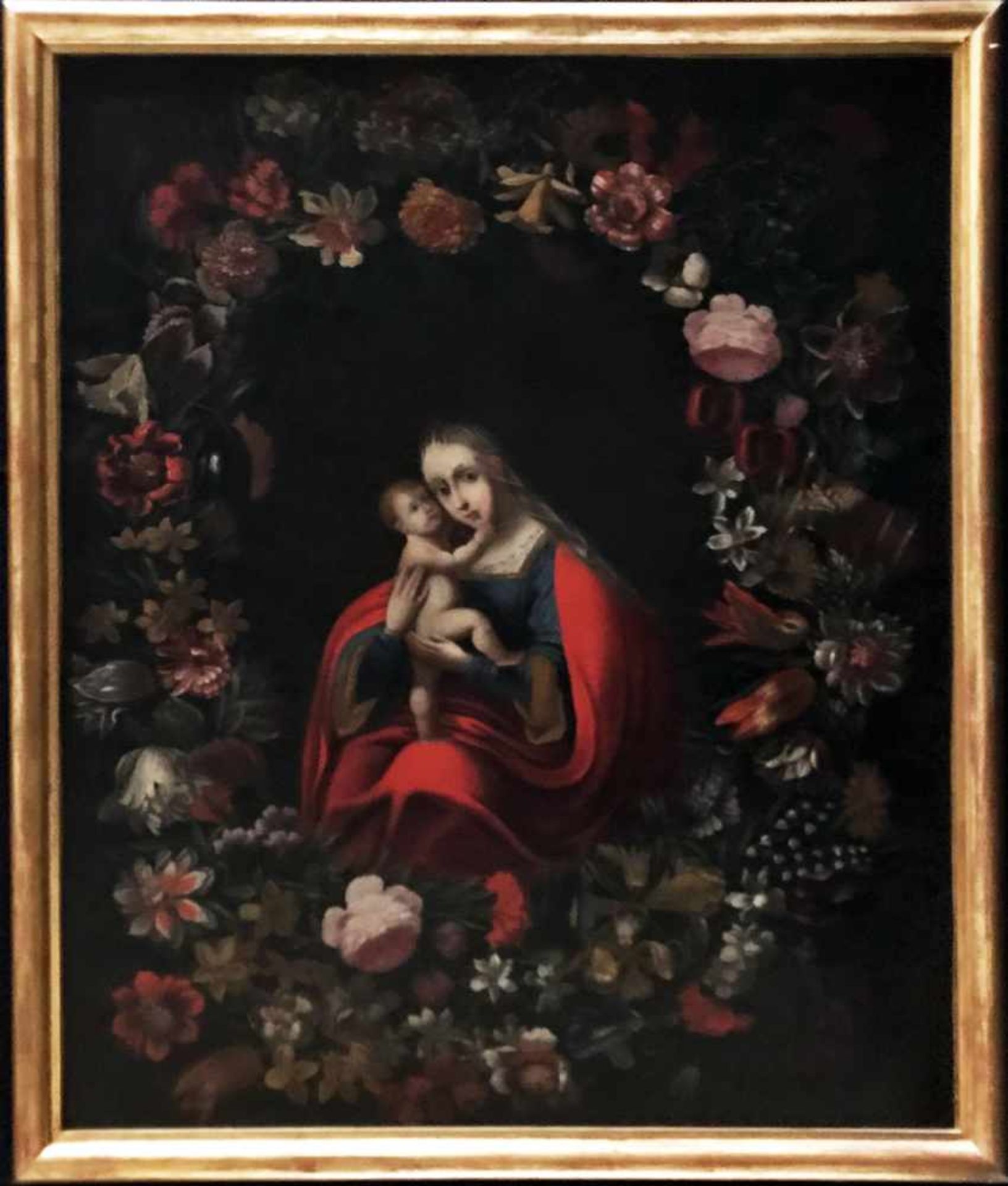 Unbekannter Künstler, Flamen oder Niederlande 17./18. Jh., Madonna im Blumenkranz, mit Tulpen, - Bild 5 aus 6