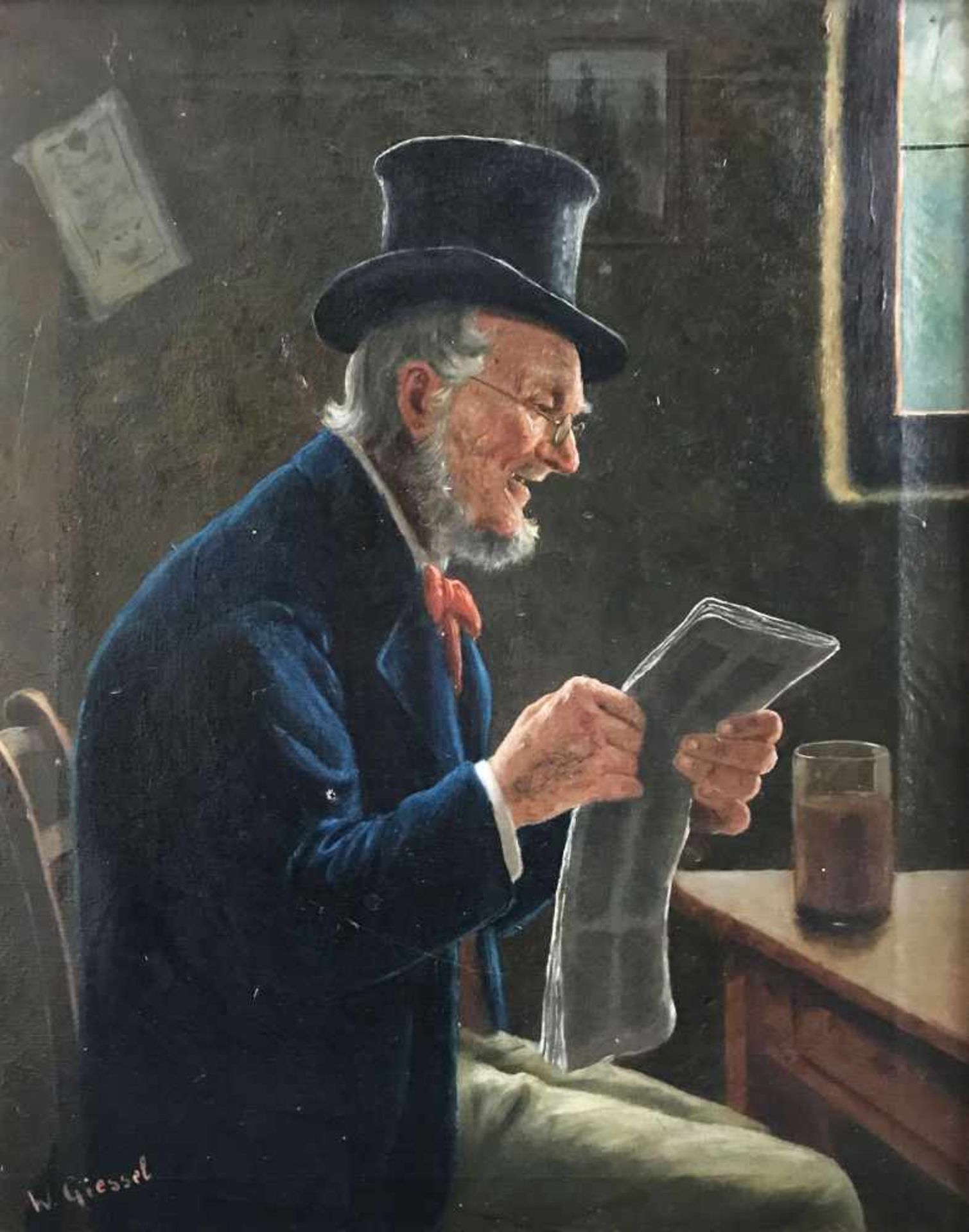 Wilhelm Friedrich Giessel (1869-1938), Portrait eines Herrn im Profil, der mit Zylinder auf dem Kopf