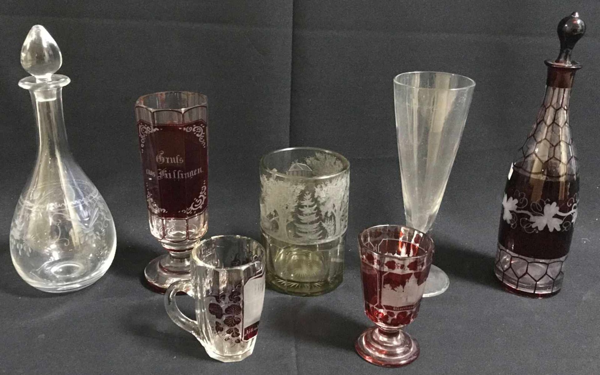 Großes Konvolut 4 x rubiniertes Glas sowie drei klare Gläser, 19. Jh. aus Sammlungsauflösung: