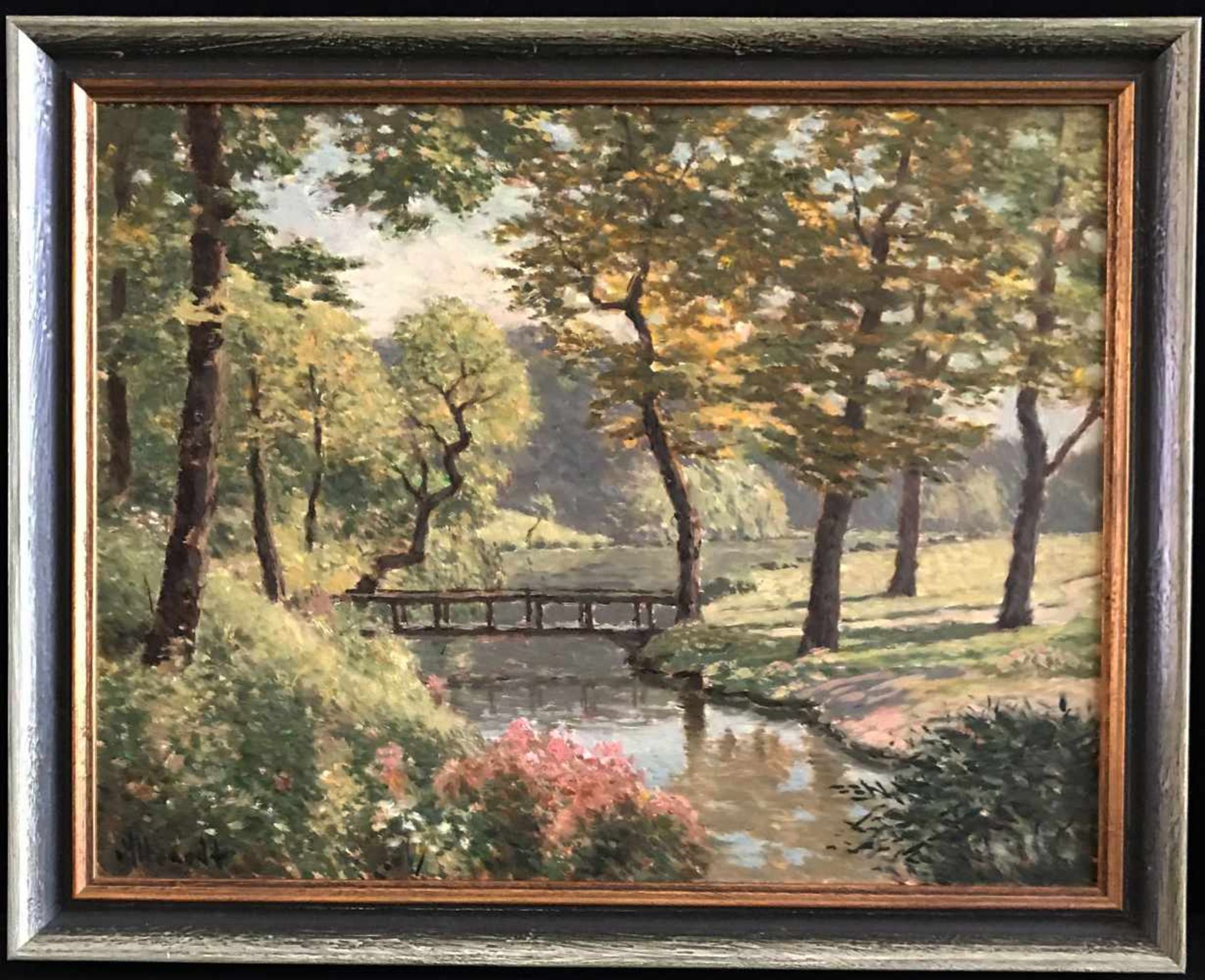 Rudolf Conrad Erich Allwardt (1902-1983), Parklandschaft mit Brücke und blühenden Wiesen unter - Bild 3 aus 4