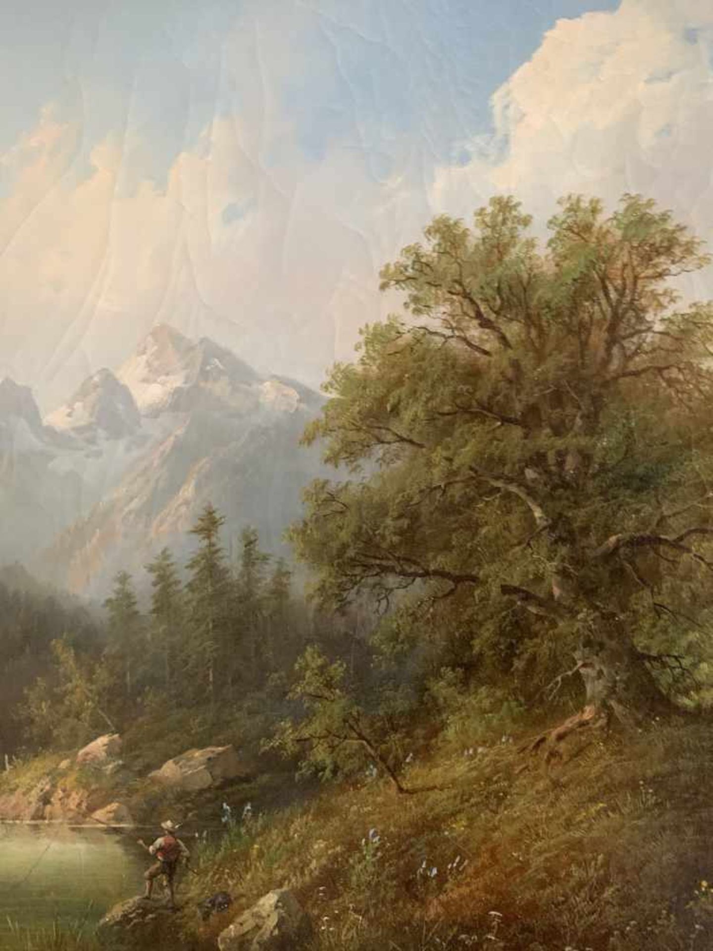 Eduard BOEHM (1830-1890), Landschaft mit zentralem Baum, links ein Angler am Teich, rechts ein - Bild 3 aus 6