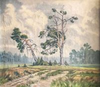 Paul Heininger (1897-1973), Landschaft mit zwei hochgewachsenen Bäumen im Zentrum, signiert, Öl/