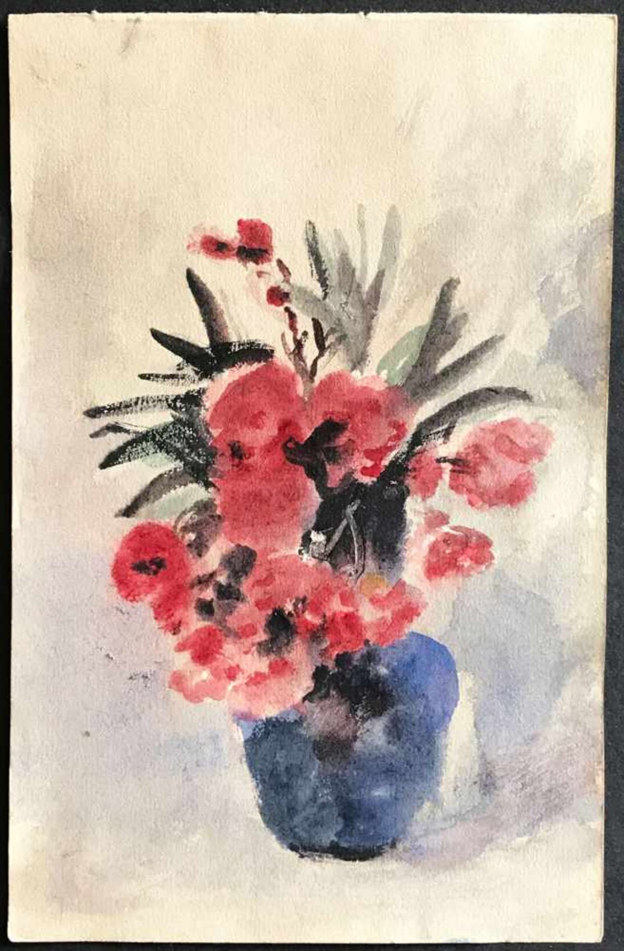 Anna PETERS (1843-1926), Blumenstilleben mit roten Mohnblüten in blauer Vase, Aquarell, Blatt rücks.