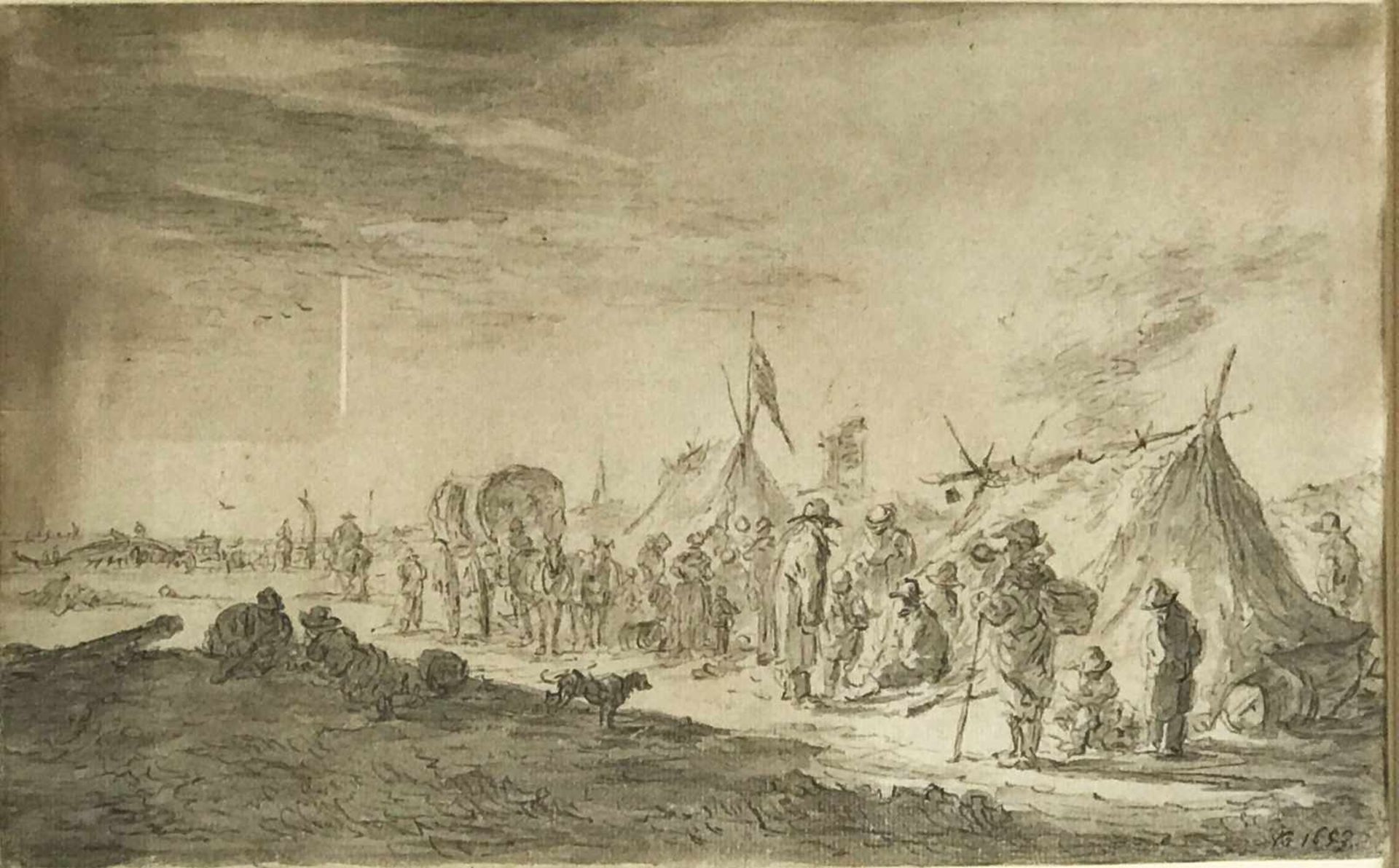 Holland, 17. Jh., Jan van Goyen (1596-1656) Nachzeichnung, Zelte am Strand, bez. VG 1653, schwarze