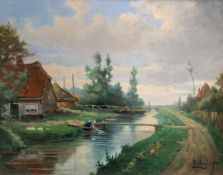 M. Heijl. Idyll am Kanal. Öl/Lwd, signiert und datiert: "1898", 40 x 52 cm