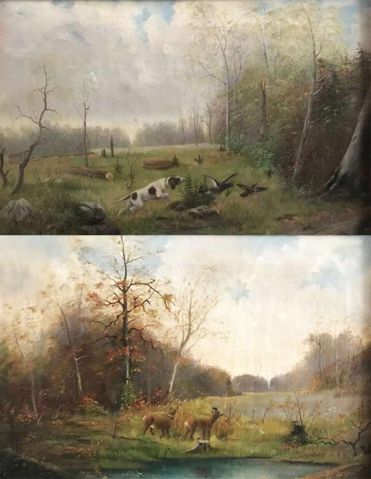 Unbekannter Künstler, 19. Jh., zwei Landschaften mit Wild: Reh und Rehbock bei einem Gewässer in