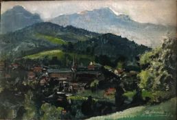 Otto HAMEL (1866-1950), Landschaft mit Dorf und Bergen, signiert und datiert '45, rücks. bez.