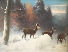 Otto SCHEUERER (1862-1934), Rehe im verschneiten Wald, signiert, Öl/Malkarton, Altersspuren, 18 x