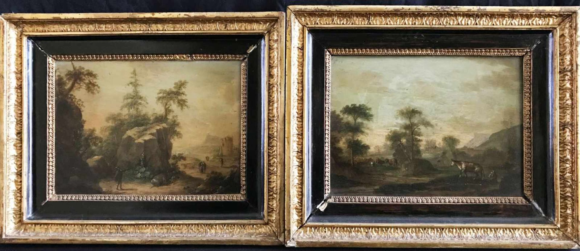 Unbekannter Künstler, um 1820, Paar Landschaften mit Staffagefiguren, Öl/Holz, Altersspuren, 20,5