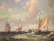 Leslie WRIGHT (1912-?), Segelboote auf See: Die Schiffe im Wellengang, im Hintergrund eine Mole bzw.