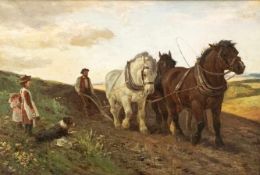 Claude CARDON (1864-1937). Pflügender Bauer mit Pferden auf dem Acker. Kinder und Hund stehen am
