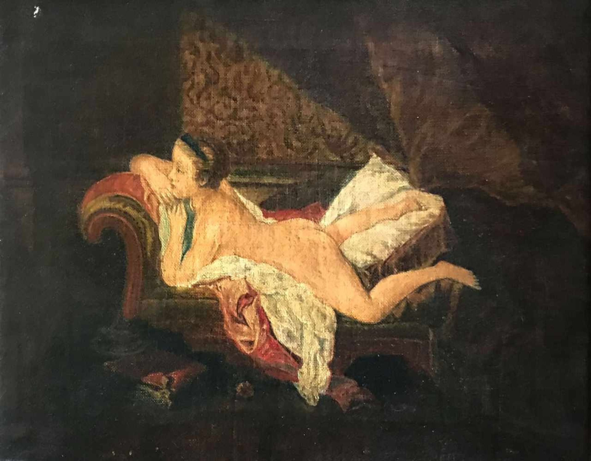Unbekannter Künstler, 19. Jh., Nackte, liegende Dame, die Arme auf der Lehne der Ottoman