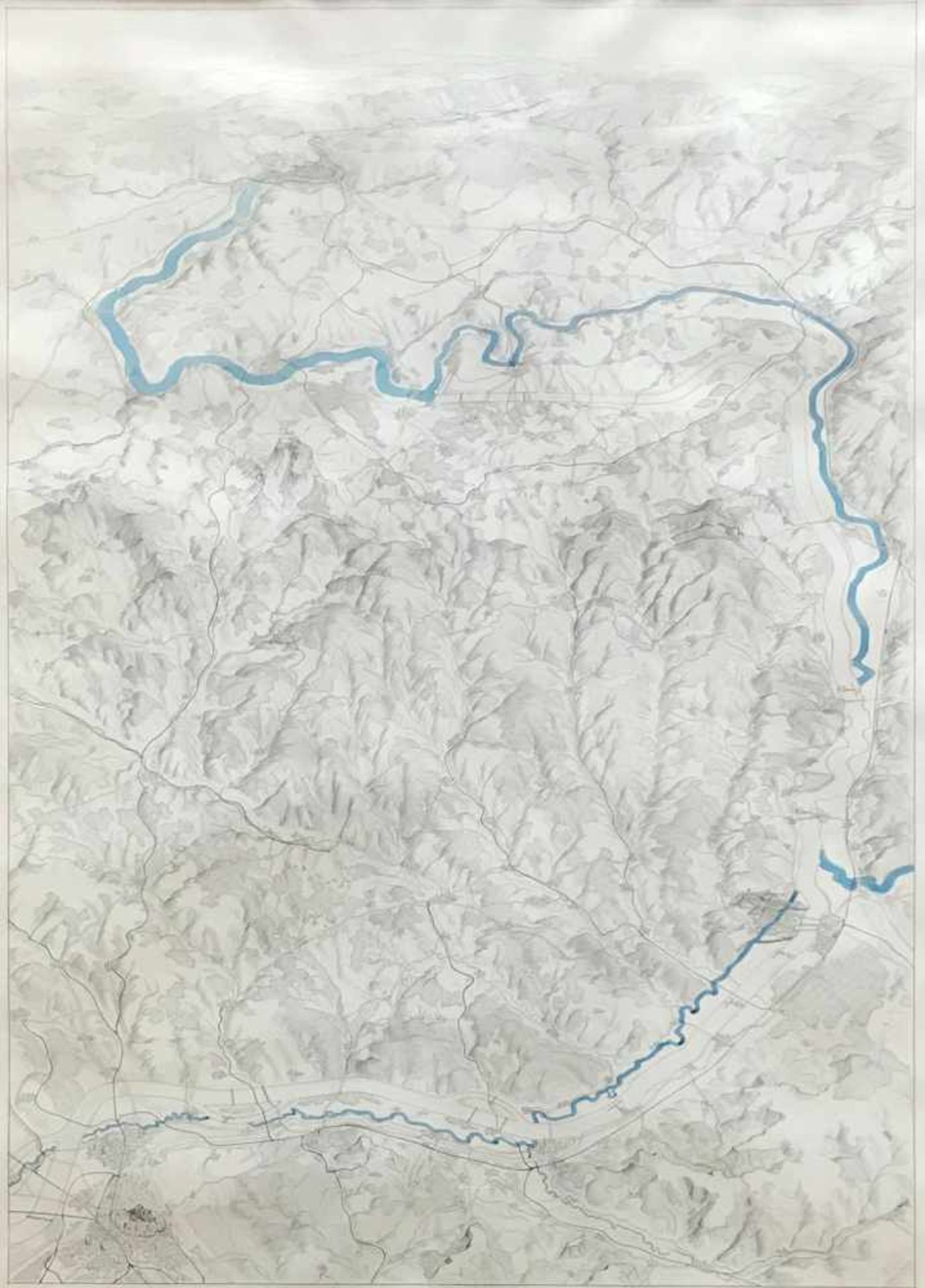 Übergroße, detaillierte Bleistiftzeichnung der Landschaft Regnitz bis Maindreieck mit Einzeichnung