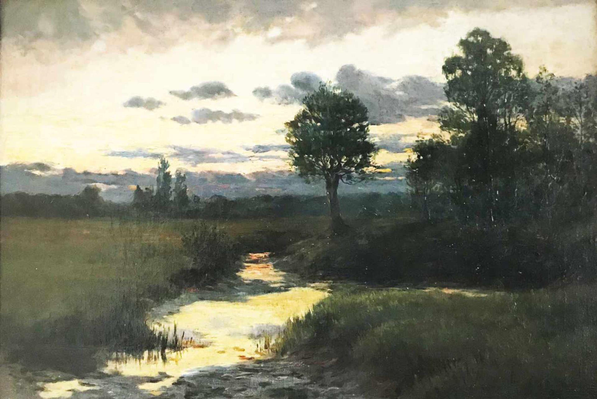 Ludwig Willroider (1845-1910), Landschaft mit Bachlauf im Abendlicht, Öl/Lwd. 61 x 91 cm