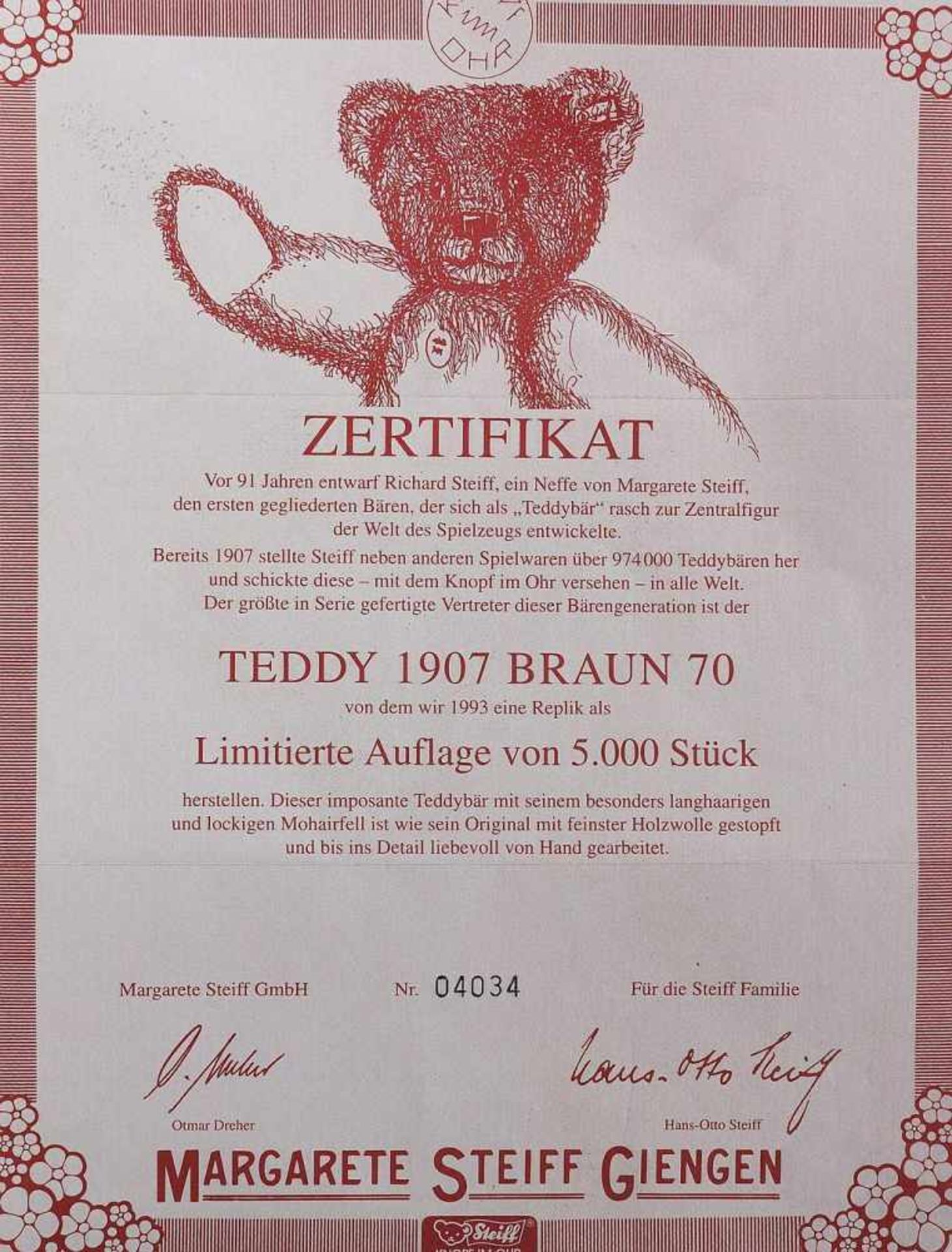 Großer STEIFF Original Teddybär Nr. 04034, 1993, Replik von 1907. Großer STEIFF Original Teddybär - Bild 9 aus 10