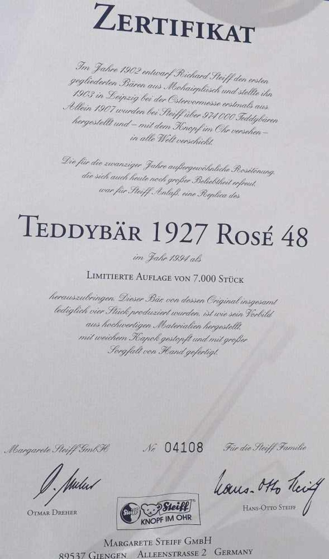 STEIFF Original Teddybär 1927, Rosé 48, Nr. 04108, Replik von 1994.STEIFF Original Teddybär 1927, - Bild 8 aus 9