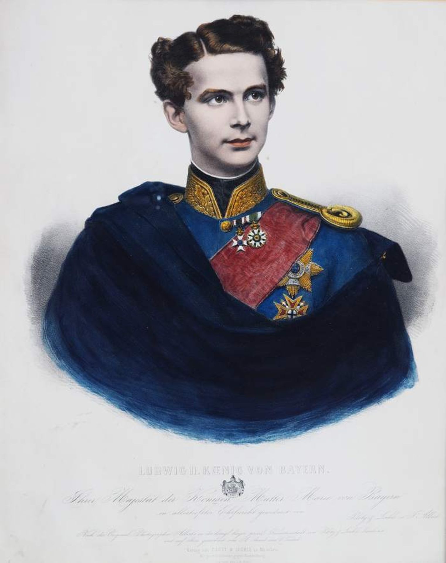 Brustbildnis König Ludwig II von Bayern. Brustbildnis König Ludwig II von Bayern. Farblithografie