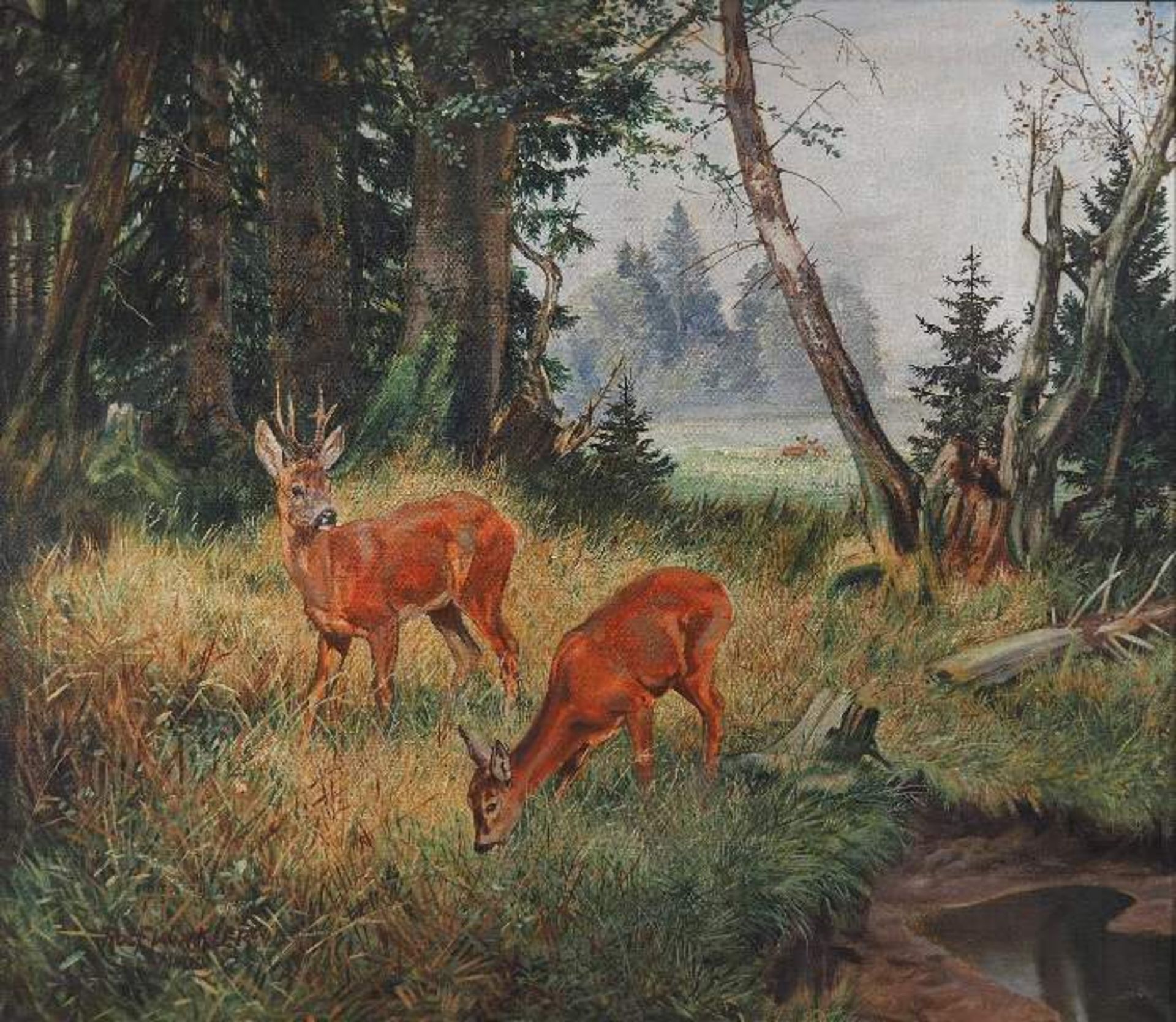 WINKLER, Rolf.WINKLER, Rolf. 1884 Wien - 1842 Wien. Rehe auf Waldlichtung. Öl auf Leinwand,