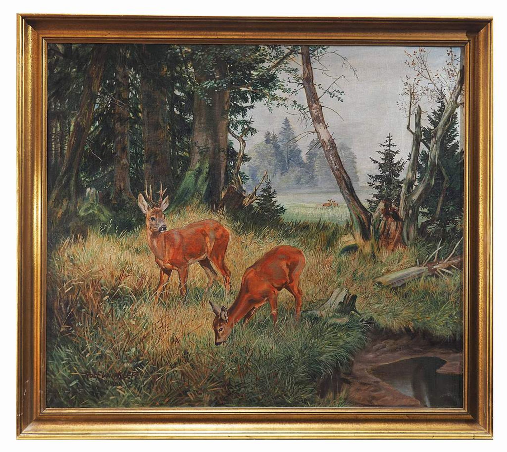 WINKLER, Rolf.WINKLER, Rolf. 1884 Wien - 1842 Wien. Rehe auf Waldlichtung. Öl auf Leinwand, - Bild 3 aus 5