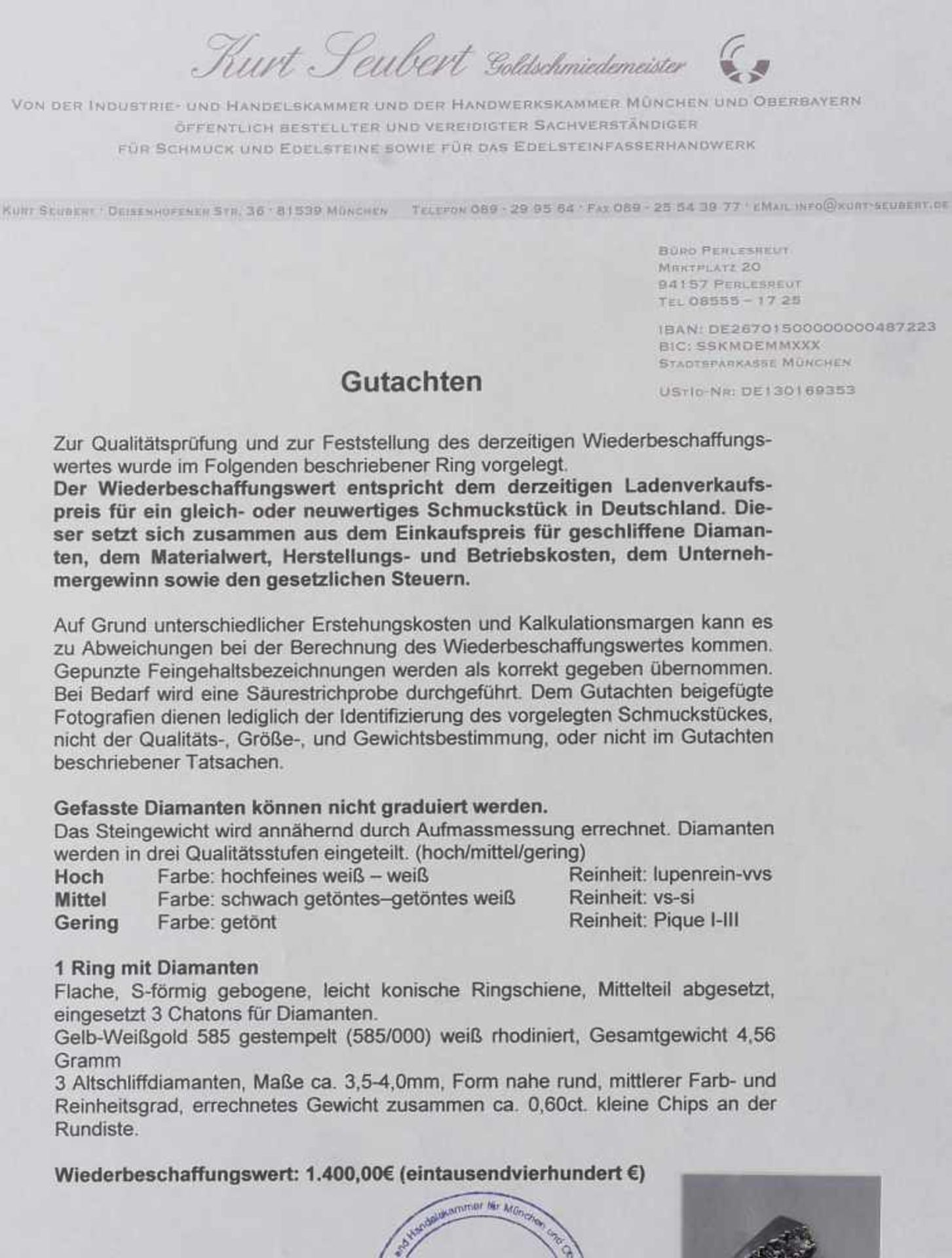 Damenring, 585er Gold rhodiniert, besetzt mit drei Brillanten von zusammen ca. 0,60 ct. H/-si., - Bild 6 aus 6