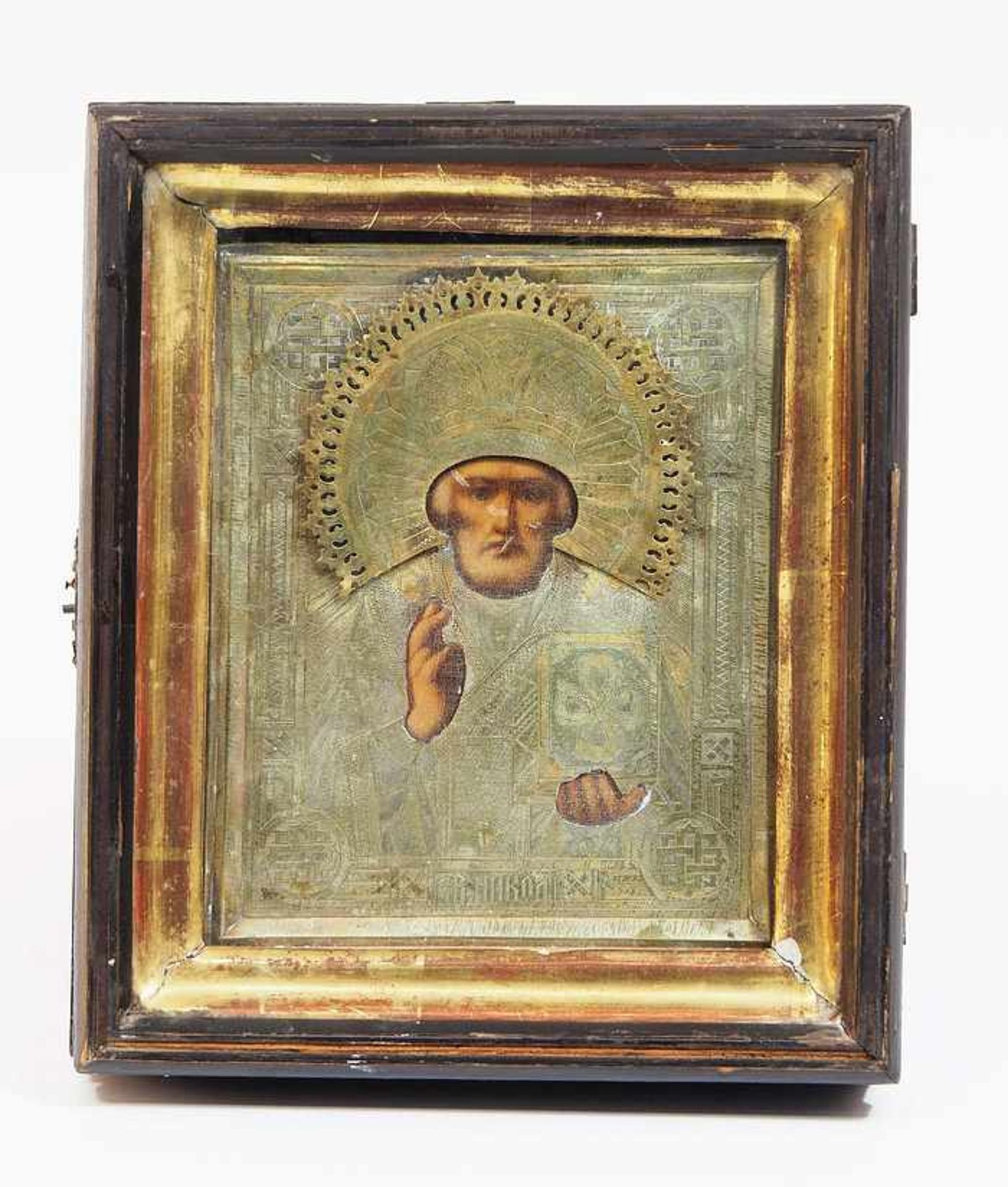 Heiliger Nikolaus mit Riza. Ikone, Eitempera/Holz, Messingoklat, 19. Jahrhundert. Höhe 17 cm,