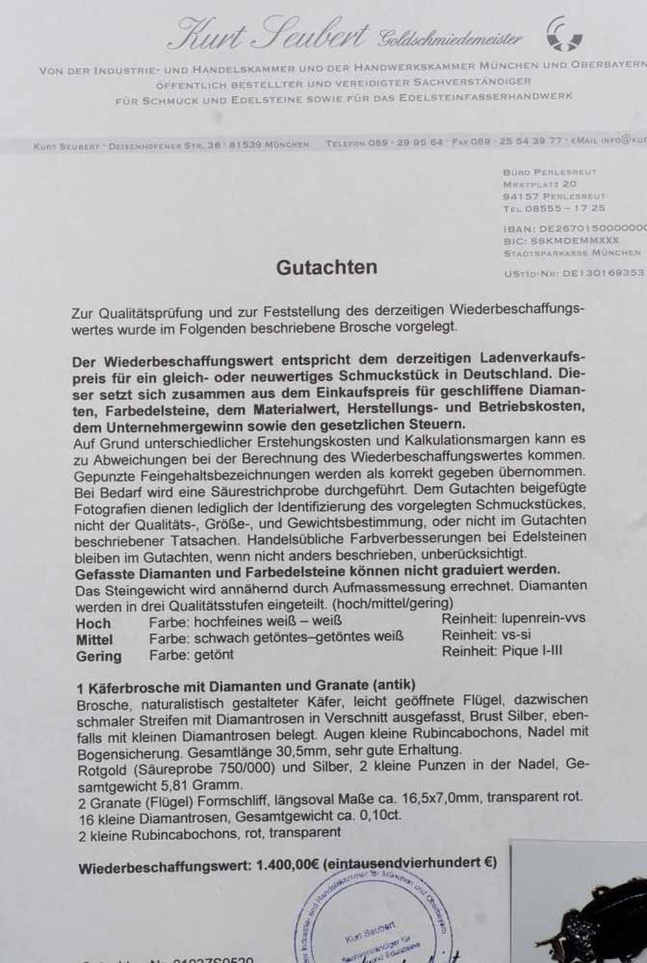 Antike Käferbrosche um 1900. 750er Weißgold geprüft und Silber, besetzt mit Diamantrosen von - Bild 6 aus 6