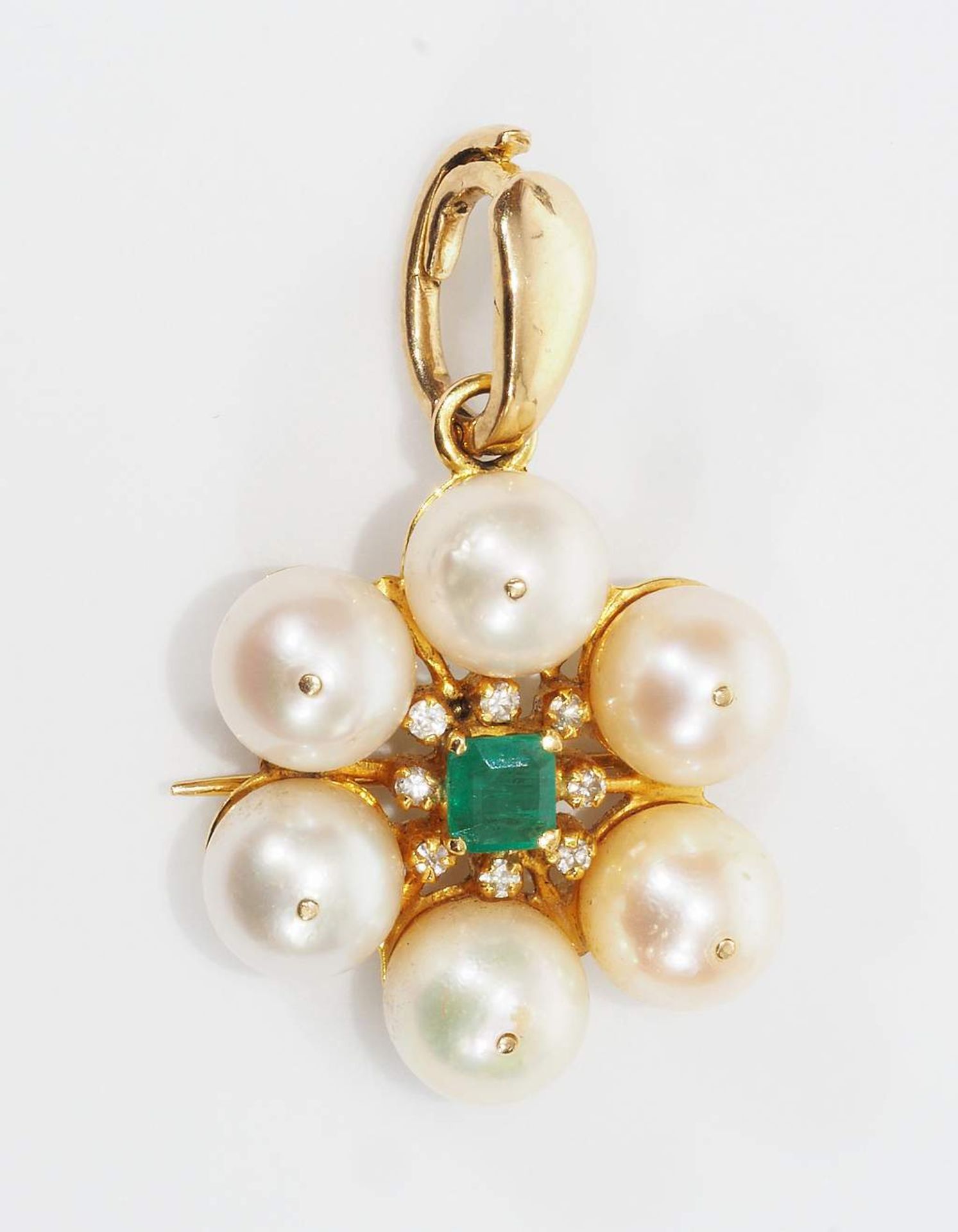 Anhänger mit 6 weißen Akoya-Perlen, Smaragd und kleinen Diamanten. 585er Geldgold, gestempelt mit - Bild 2 aus 5