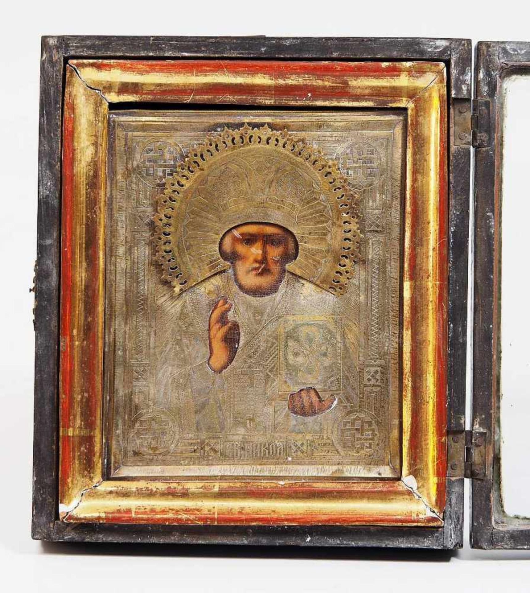 Heiliger Nikolaus mit Riza. Ikone, Eitempera/Holz, Messingoklat, 19. Jahrhundert. Höhe 17 cm, - Bild 3 aus 8