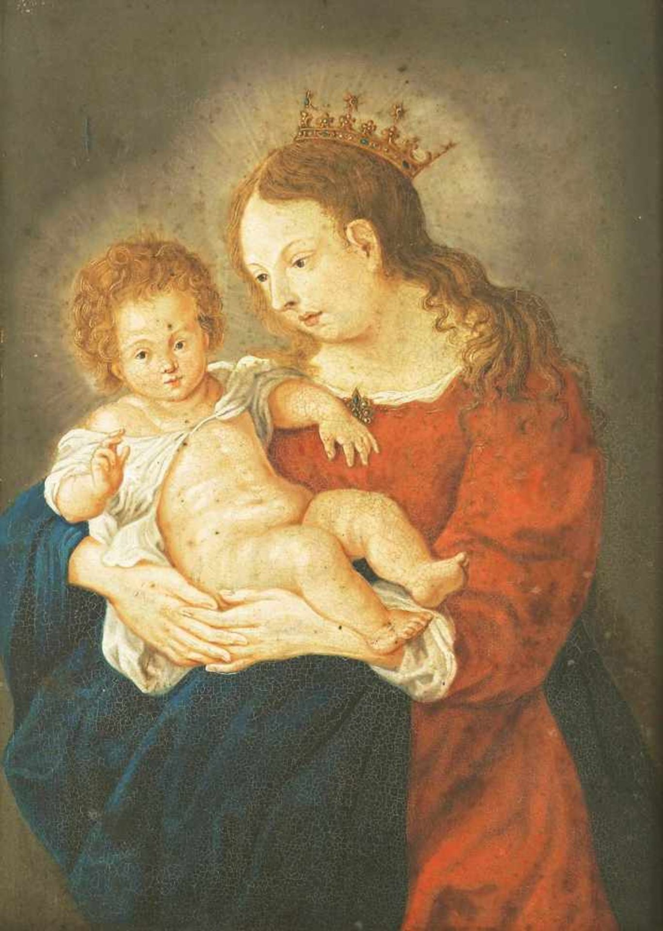 Madonna mit Kind. Umkreis Altötting, 18. Jahrhundert. Öl auf Metall/Holz, Höhe 35 cm, Breite 25 c - Image 2 of 4