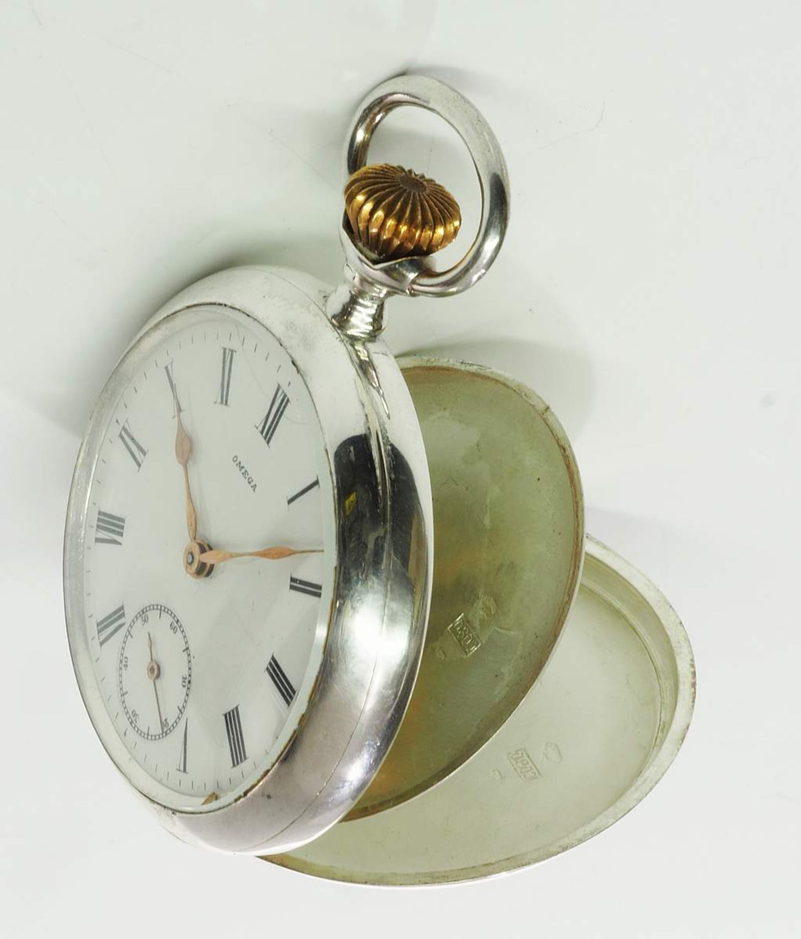 Taschenuhr OMEGA, 800er Silber. Handaufzug, weißes Emailzifferblatt mit römischen Zahlen, alle - Bild 8 aus 8