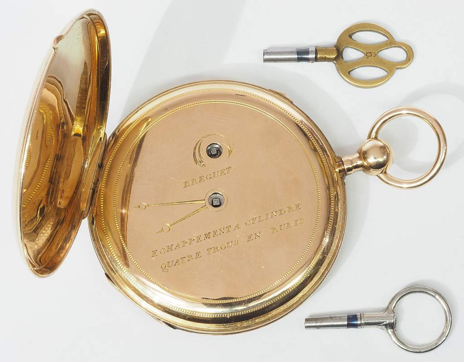 Große offene Schlüsseltaschenuhr mit Schlagwerk. Breguet Nachbau. 750er Gelbgold geprüft, - Bild 4 aus 8