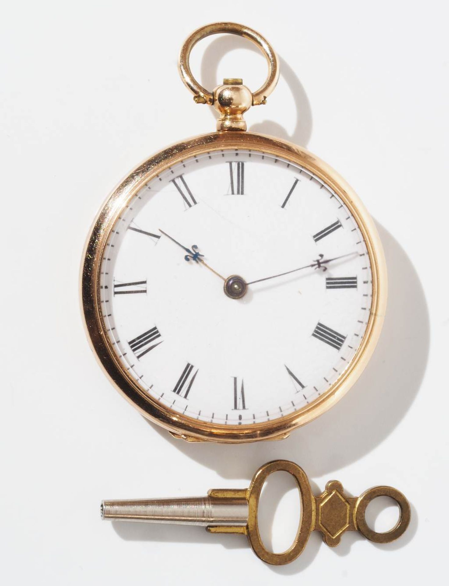 Schlüssel-Taschenuhr um 1860. 585er Gelbgold, Staubdeckel unedel, Zylinderwerk, Zifferblatt mit - Bild 2 aus 6