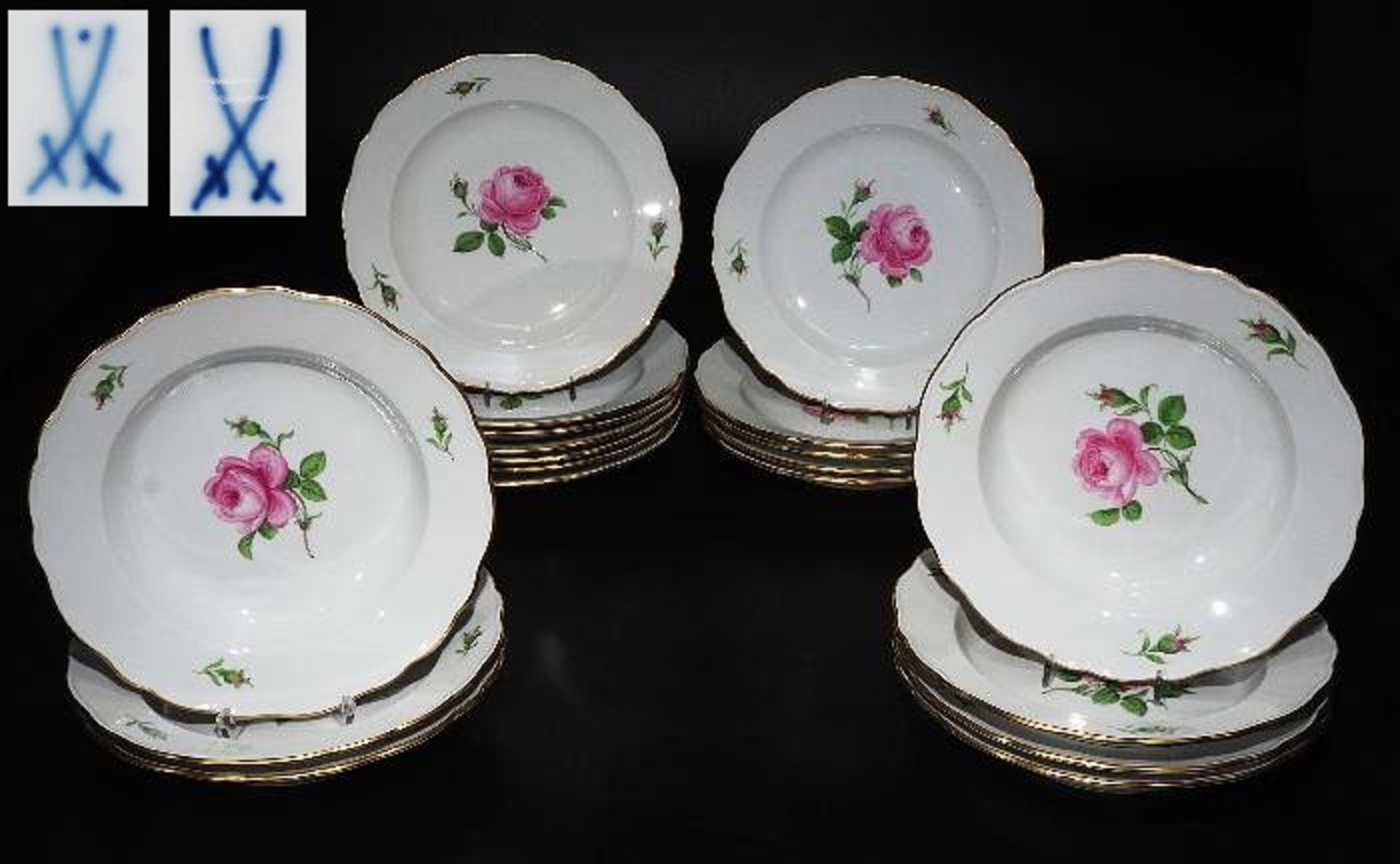 Speise- und Suppenteller. MEISSEN, Dekor "Rote Rose", gold staffierter Rand, insgesamt 19 Teile,