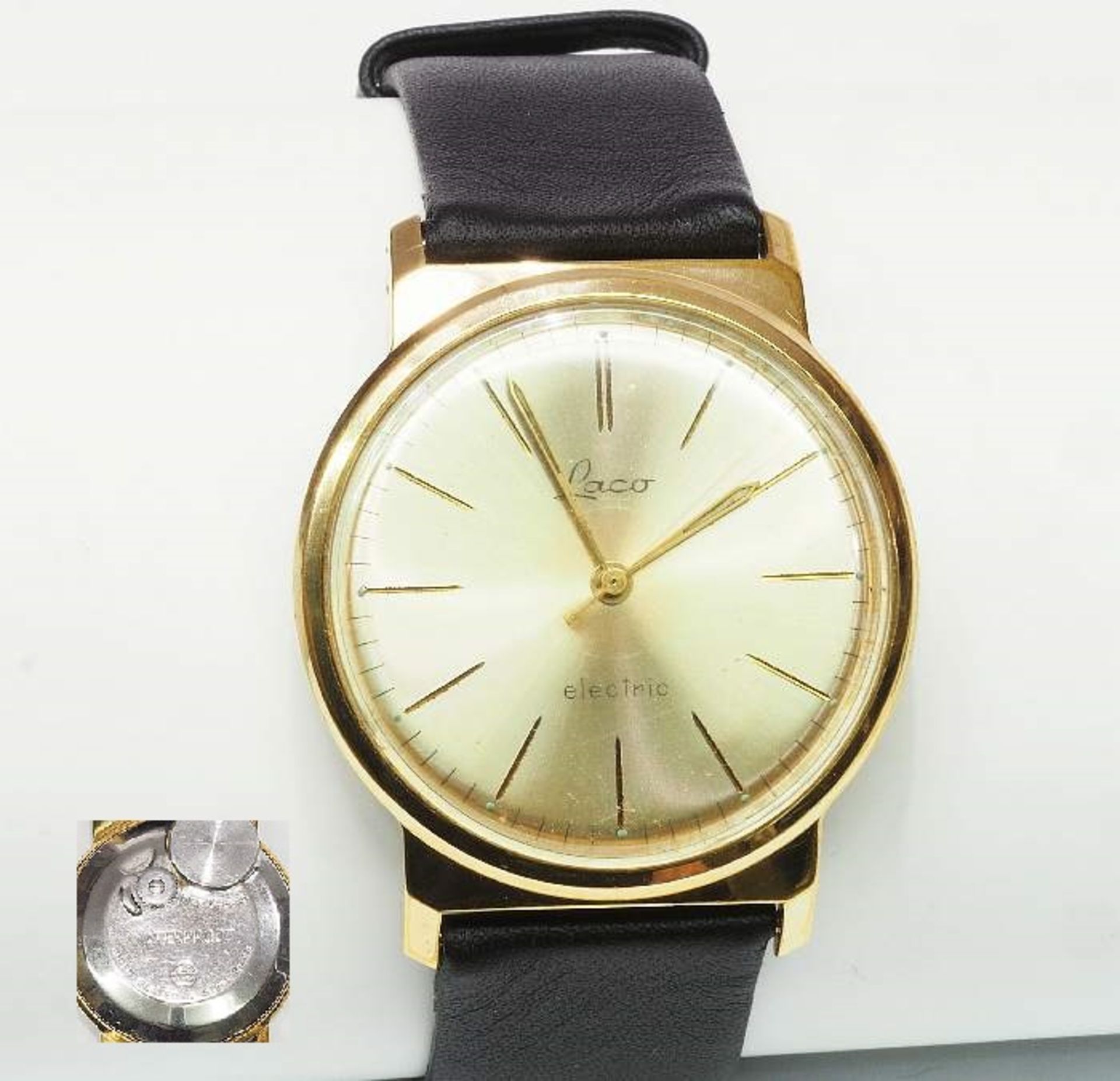 Herren Armbanduhr Vintage von LACO. Quarkwerk, Gehäuse vergoldet, Uhr läuft an, Durchmesser Gehäu