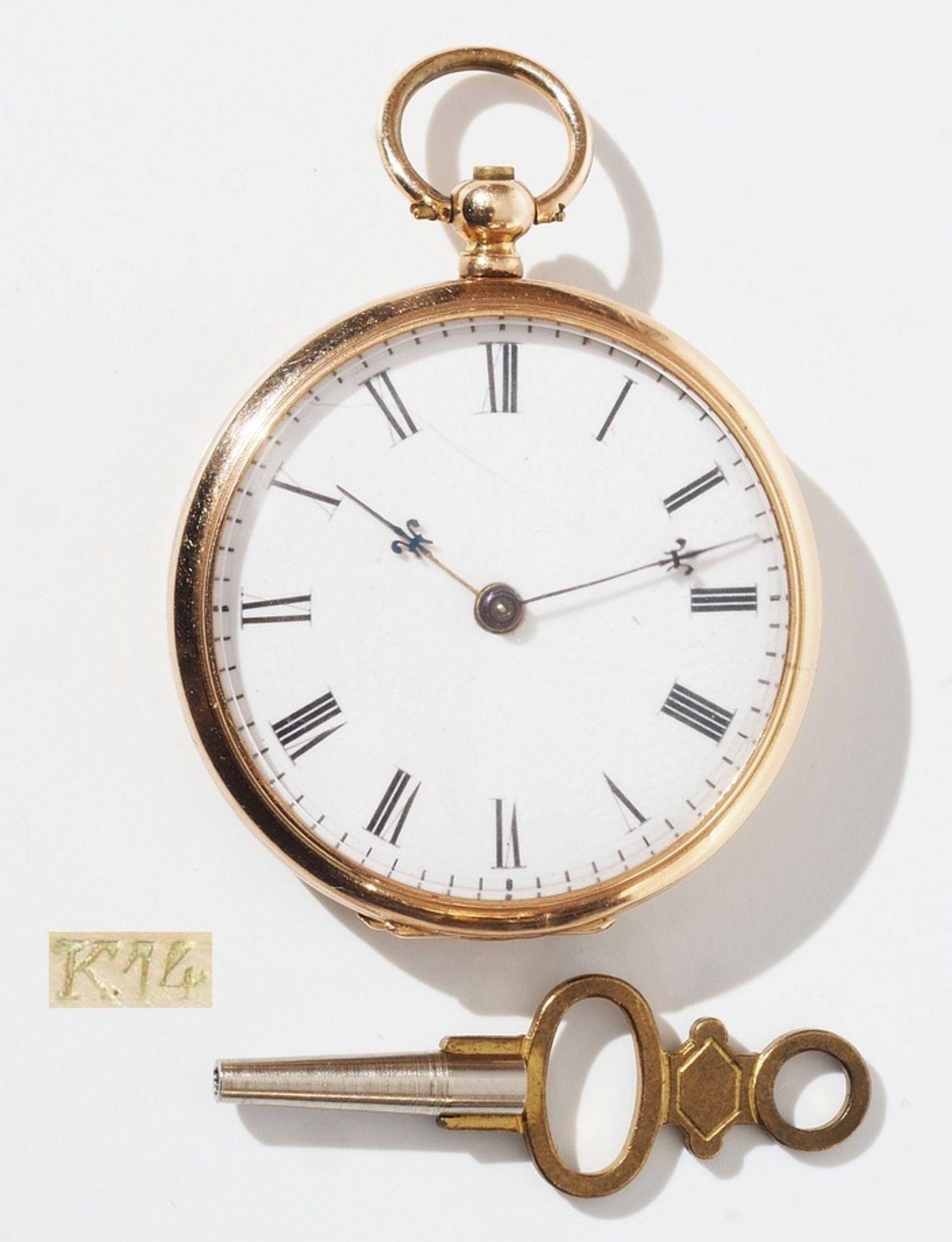 Schlüssel-Taschenuhr um 1860. 585er Gelbgold, Staubdeckel unedel, Zylinderwerk, Zifferblatt mit