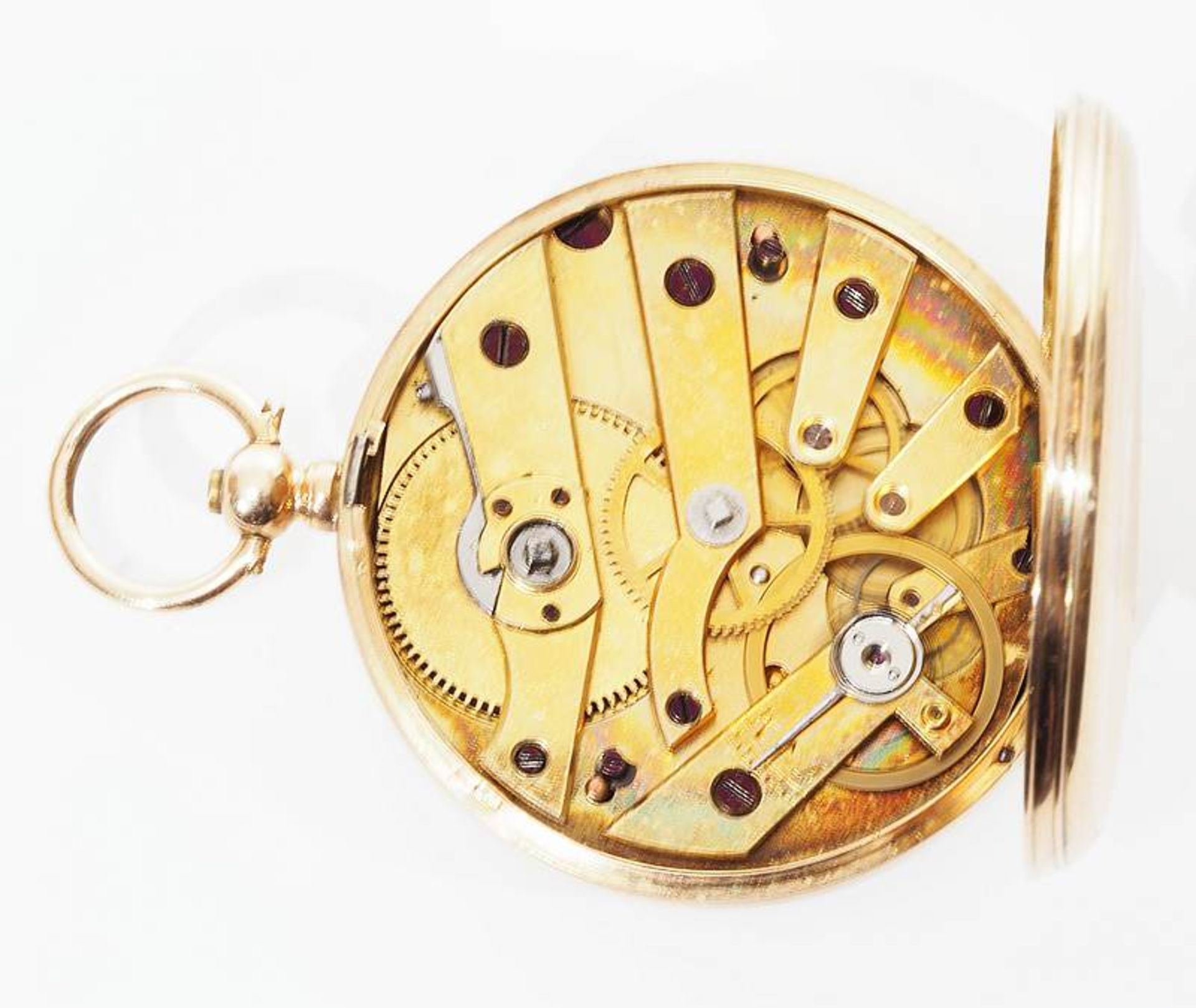 Schlüssel-Taschenuhr um 1860. 585er Gelbgold, Staubdeckel unedel, Zylinderwerk, Zifferblatt mit - Bild 4 aus 6