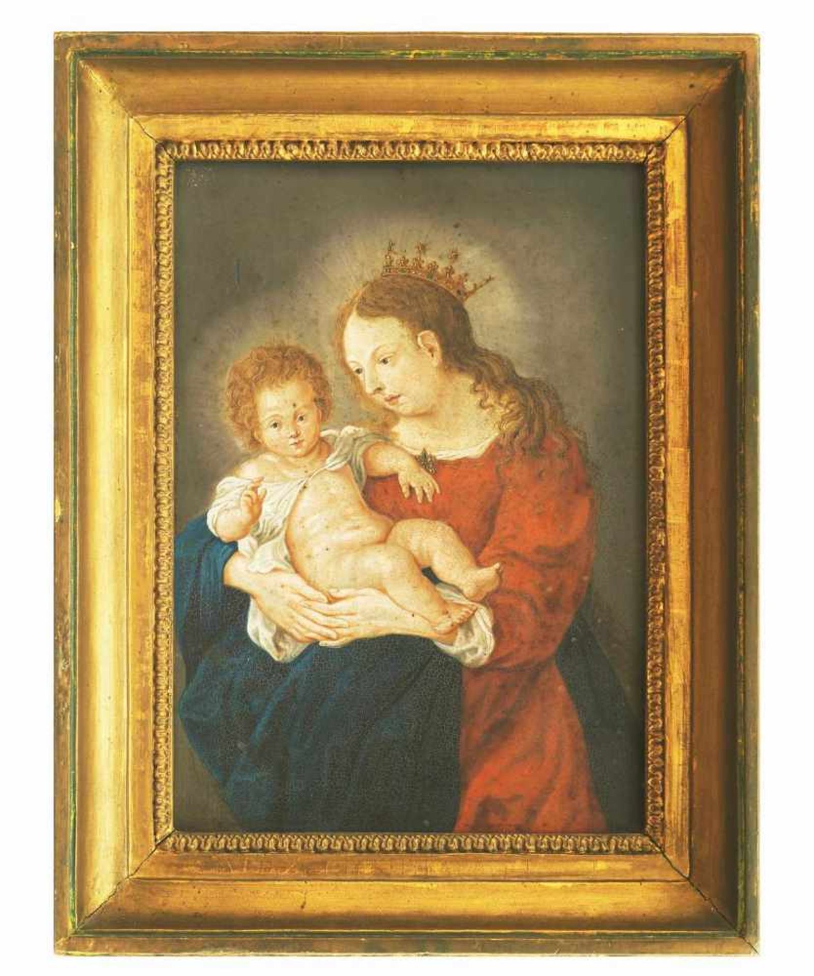 Madonna mit Kind. Umkreis Altötting, 18. Jahrhundert. Öl auf Metall/Holz, Höhe 35 cm, Breite 25 c - Image 3 of 4