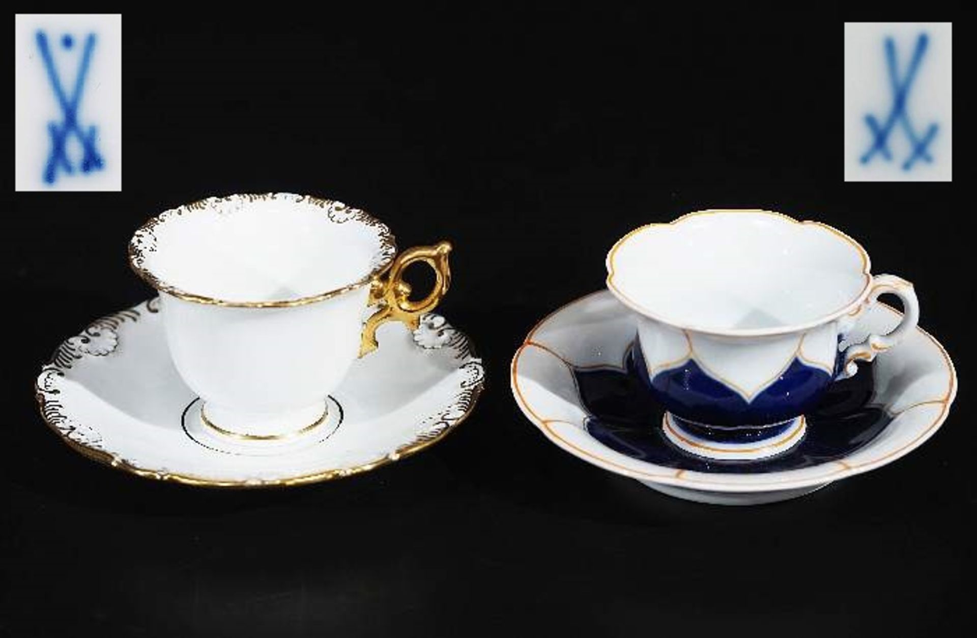 Zwei Moccatassen, Untertassen. MEISSEN, 1. WahlI.) Um 1900, Tasse in B-Form, kobaltblauer Fond,