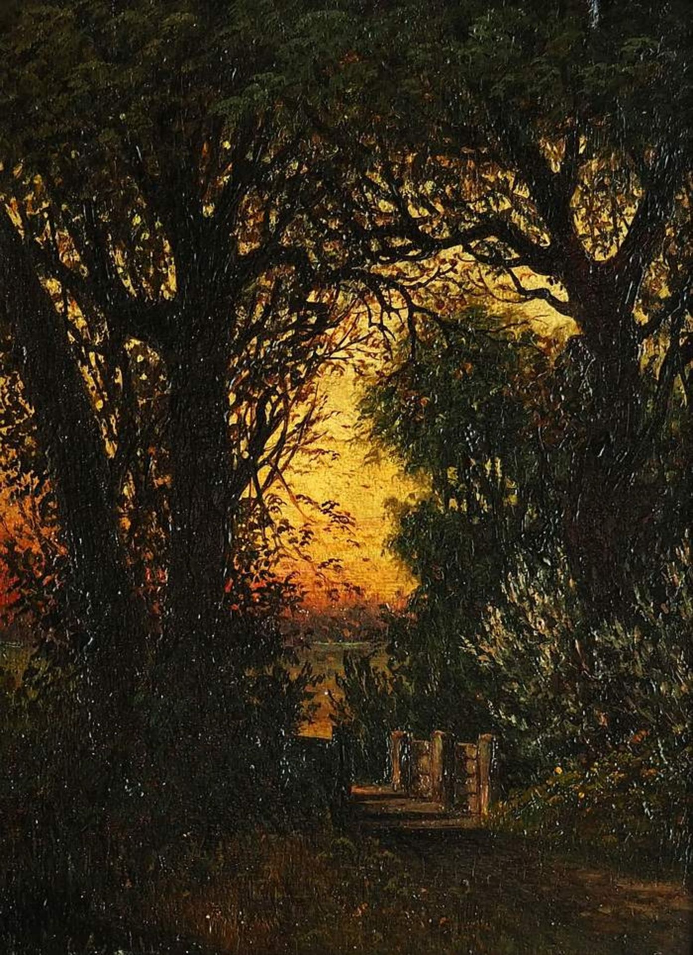Abendlandschaft, Künstler 19. Jahrhundert. Landschaft im Abendrot im wamen gelb-gold und<i