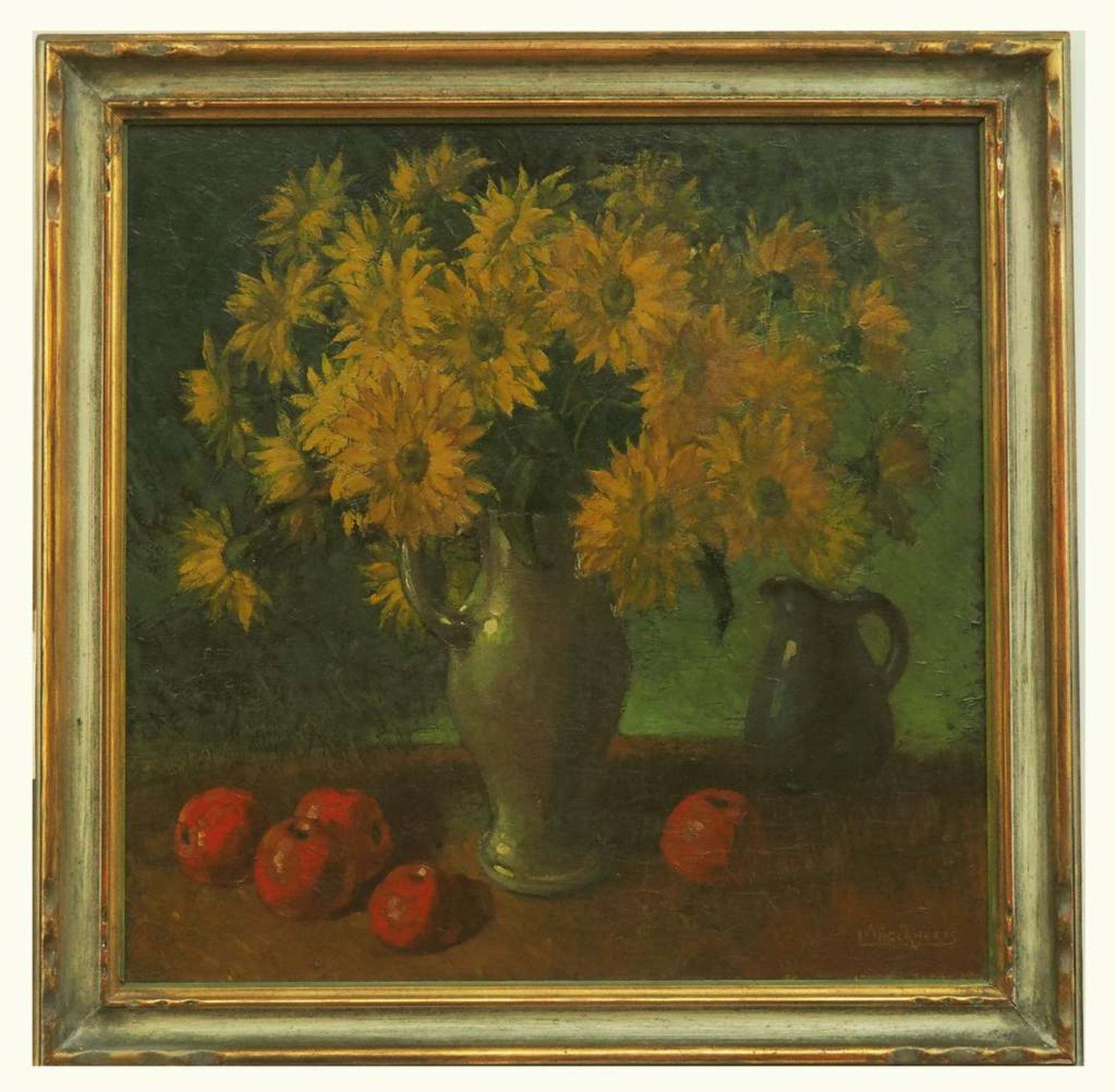 Blumenstilleben mit Früchten und Zinnkrug. 1. Hälfte 20. Jahrhundert. Öl auf Holzplatte, rechts< - Bild 3 aus 5
