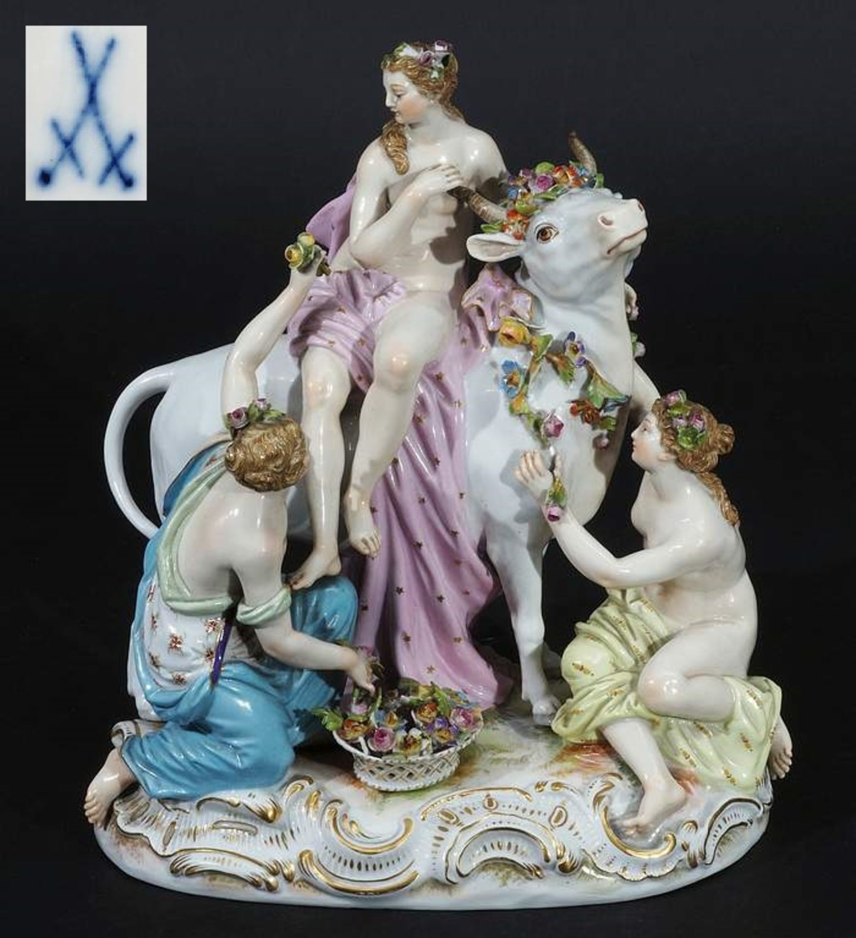 Große Figurengruppe der Europa auf dem Stier. MEISSEN um 1860, 1. Wahl. Modell von Johann Friedric