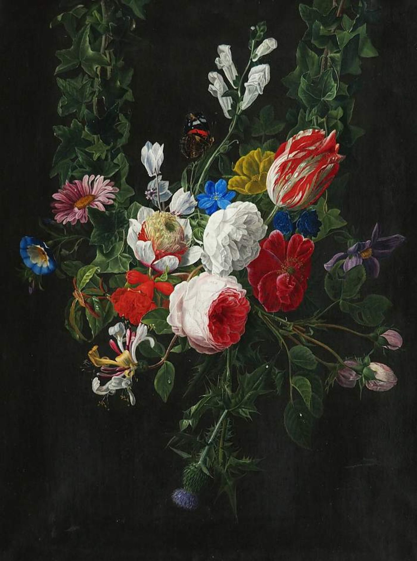 Unbekannter Meister des 19. Jahrhunderts. Blumenstilleben mit Schmetterling, opulente, harmonische<