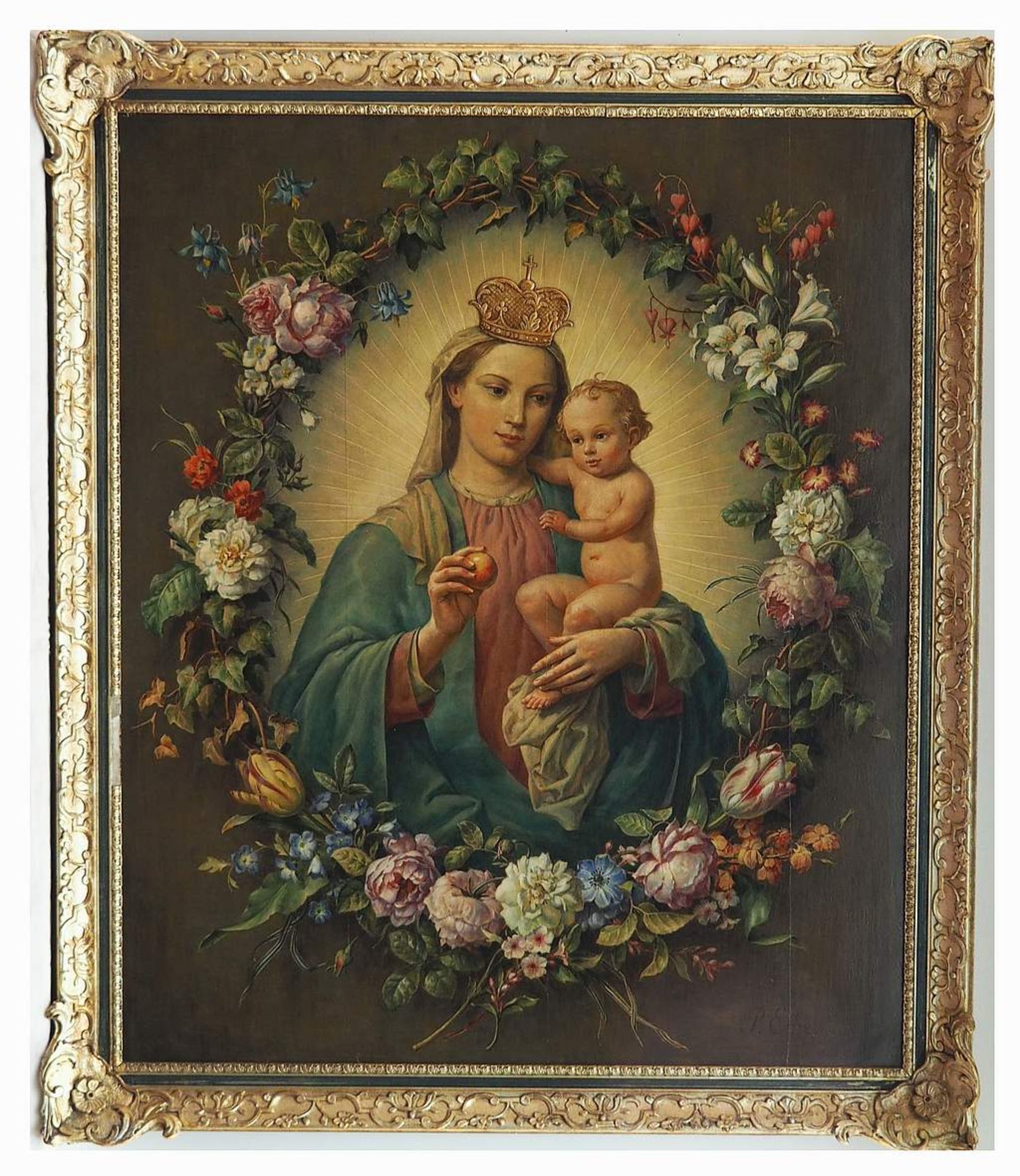 ECKE, P. "Madonna mit Kind im Blumenkranz". 2. Hälfte 19. Jahrhundert, Öl auf Holzplatte, unten<b - Bild 3 aus 5