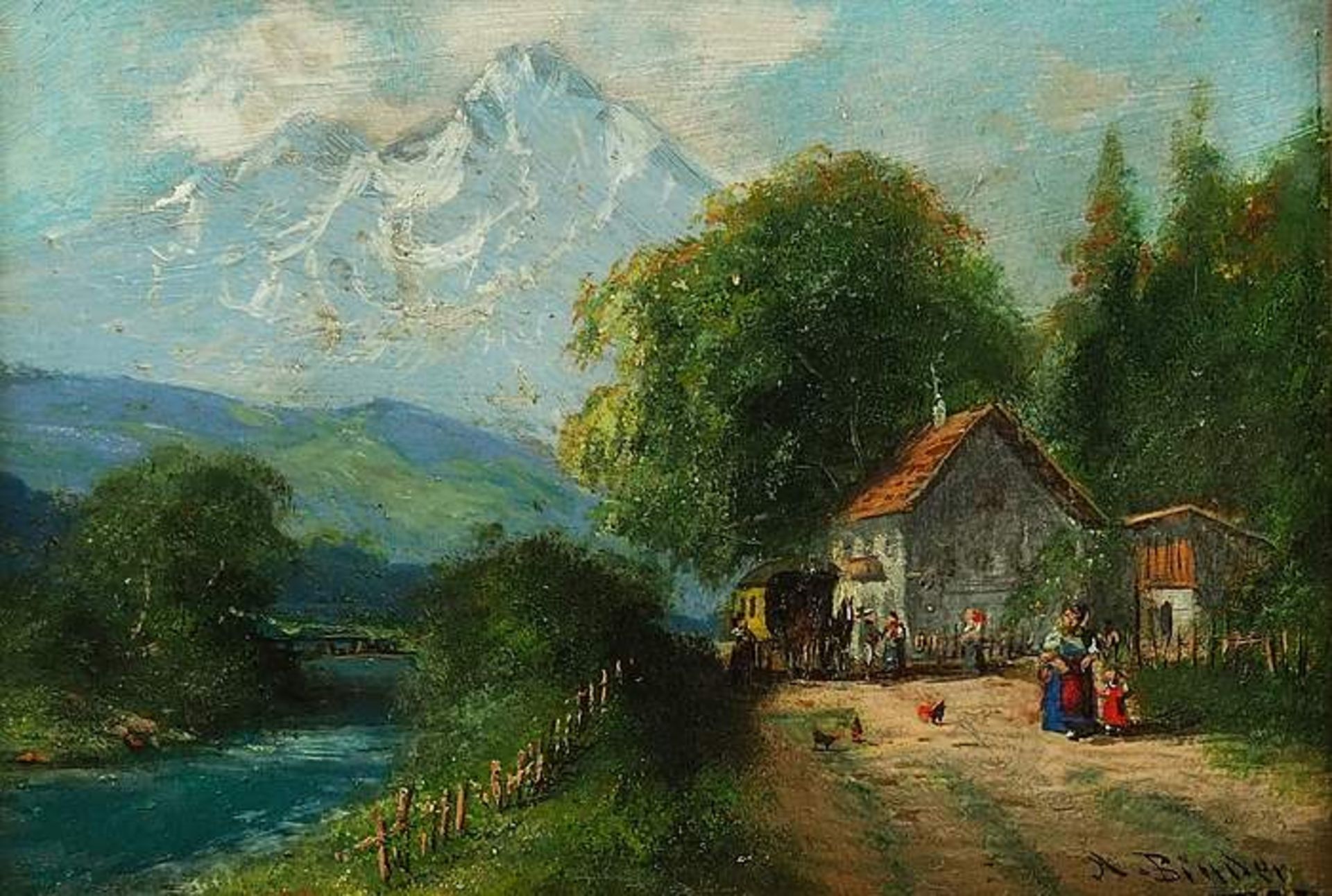 BINDER, A., Maler des 20. Jahrhundert. Idyllische Landschaft mit Gebirgsbach und schneebedeckten<br