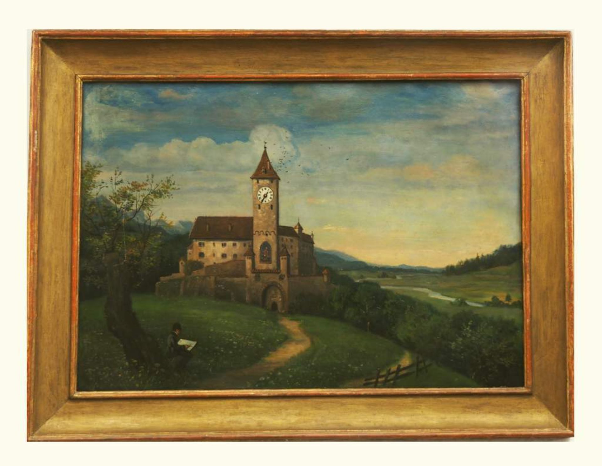 Bilderuhr, 19. Jahrhundert. Wanderer in romantischer Ideallandschaft, in der Bildmitte eine Kirche< - Bild 3 aus 5