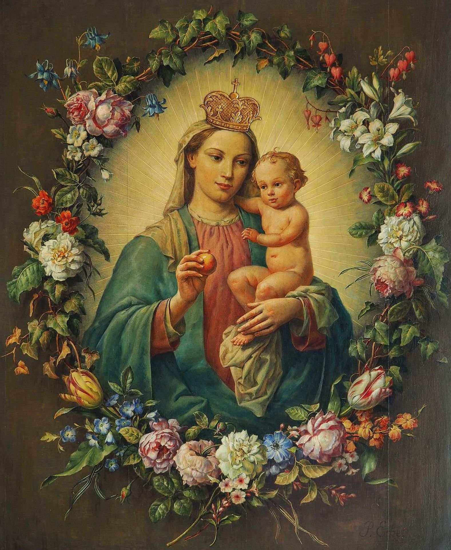 ECKE, P. "Madonna mit Kind im Blumenkranz". 2. Hälfte 19. Jahrhundert, Öl auf Holzplatte, unten<b - Bild 2 aus 5