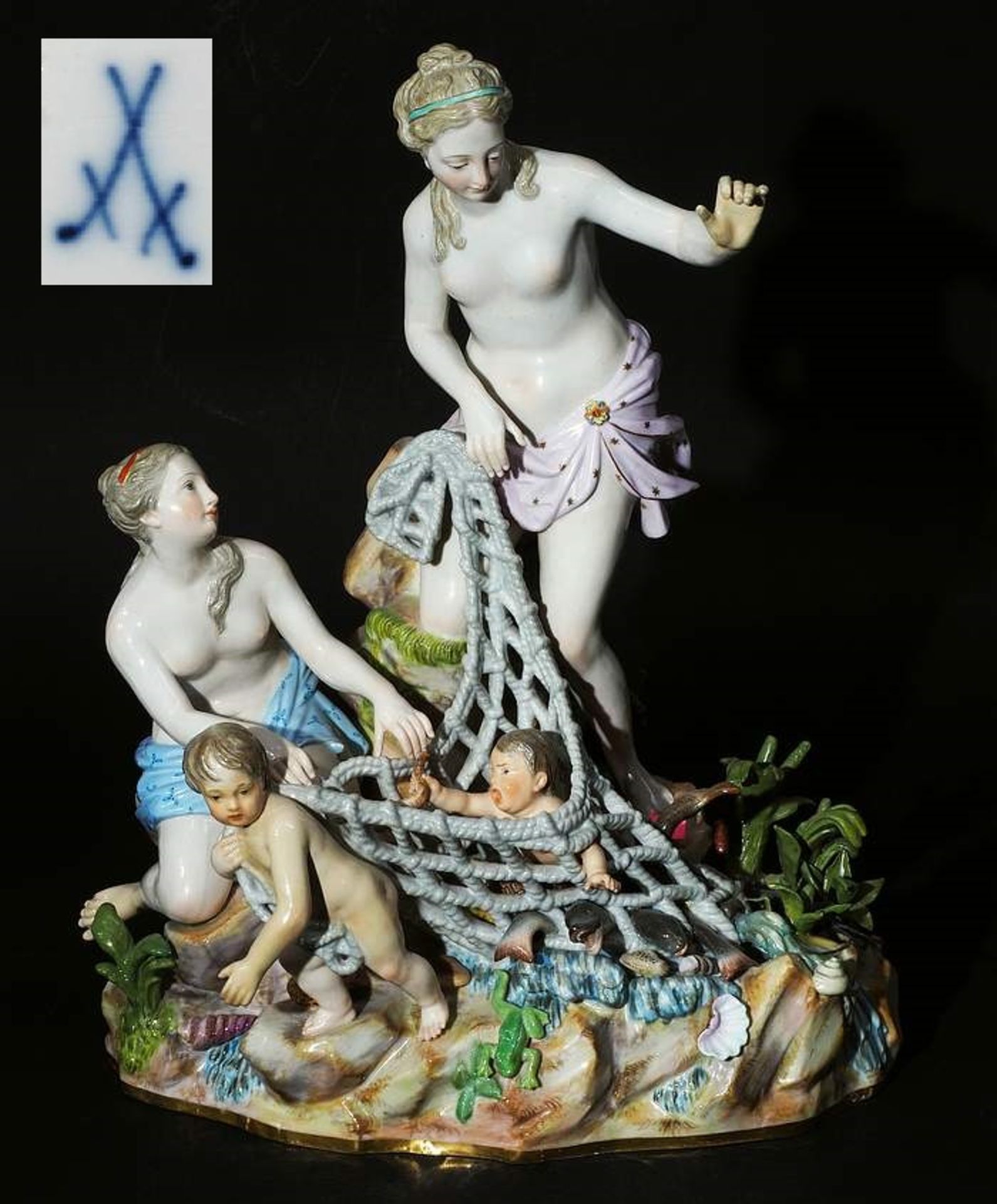 Große Figurengruppe "Der Tritonenfang". MEISSEN um 1860, 1. Wahl. Modell von Johann Joachim<br