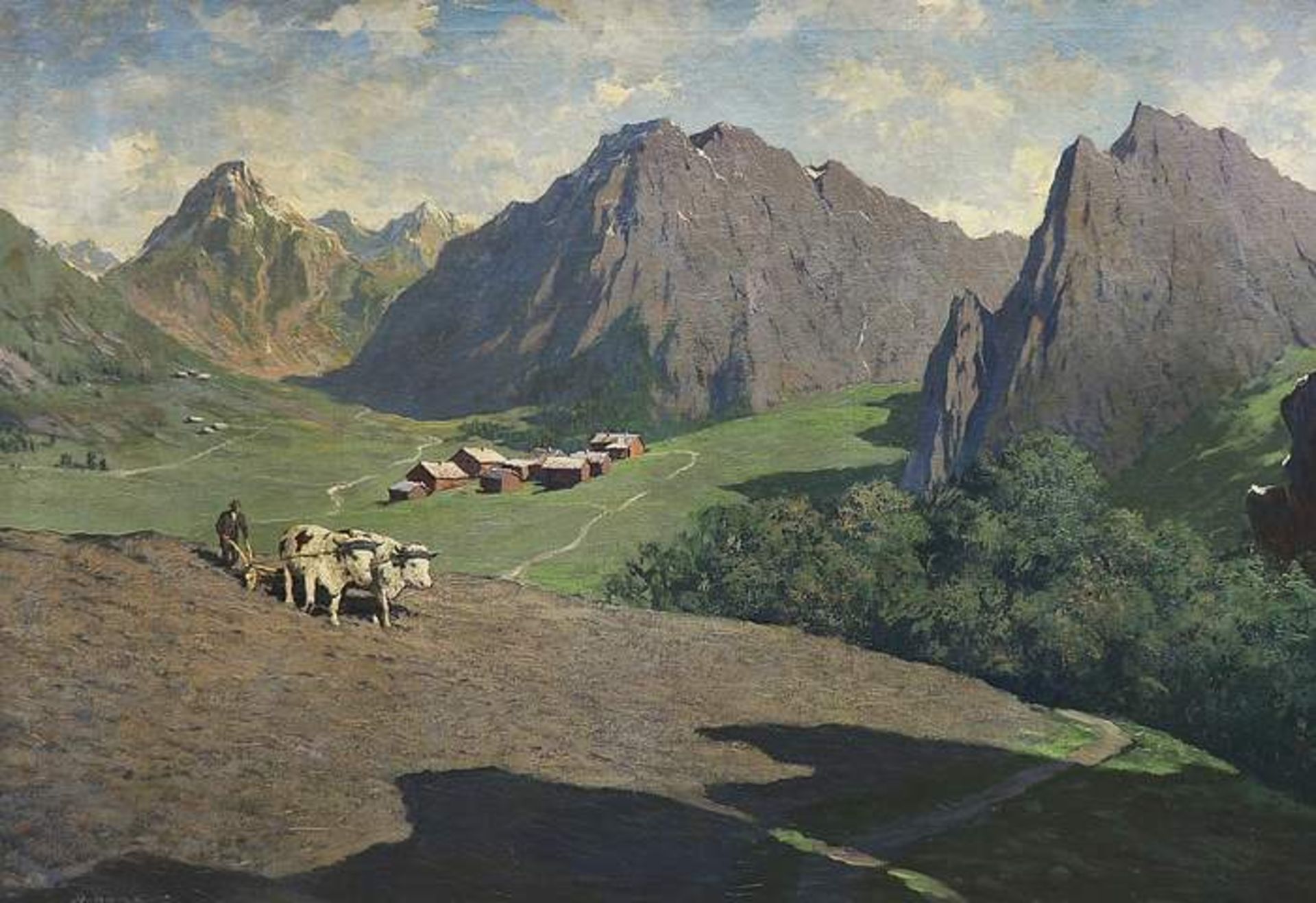 Bergbauer mit Weidevieh im Hochgebirge. Öl auf Leinwand, links unten signiert. Verso altes